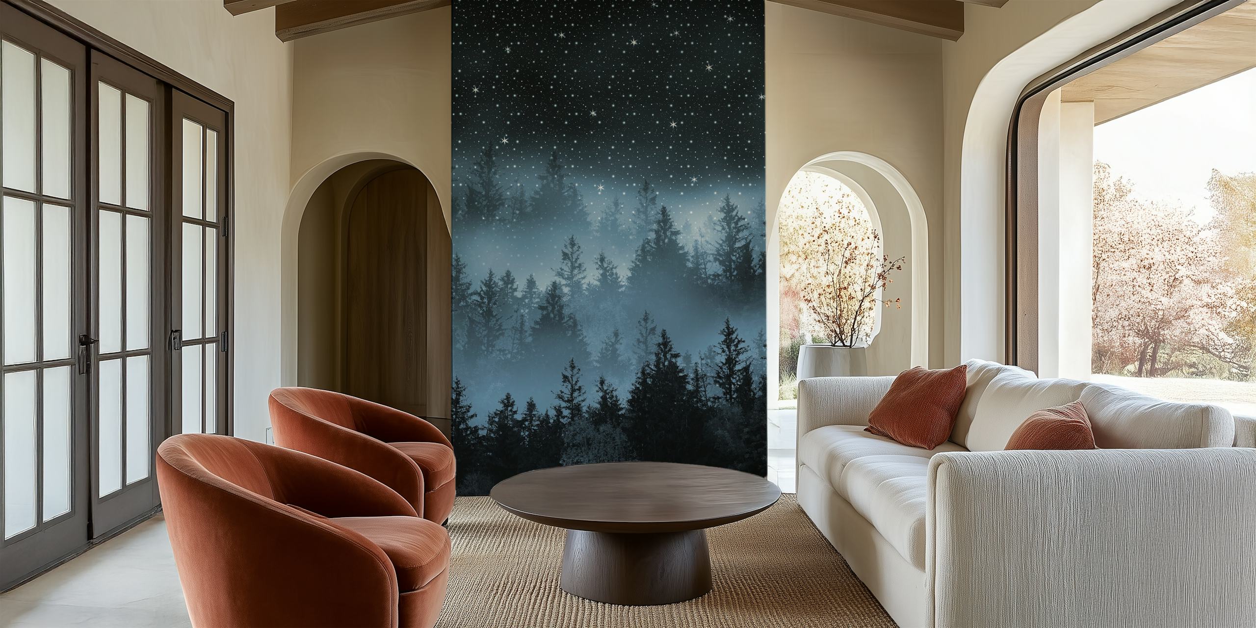 Bezauberndes Wandbild eines sternenklaren Nachthimmels über einem schattigen Wald, der eine ruhige Galaxienkulisse nachahmt