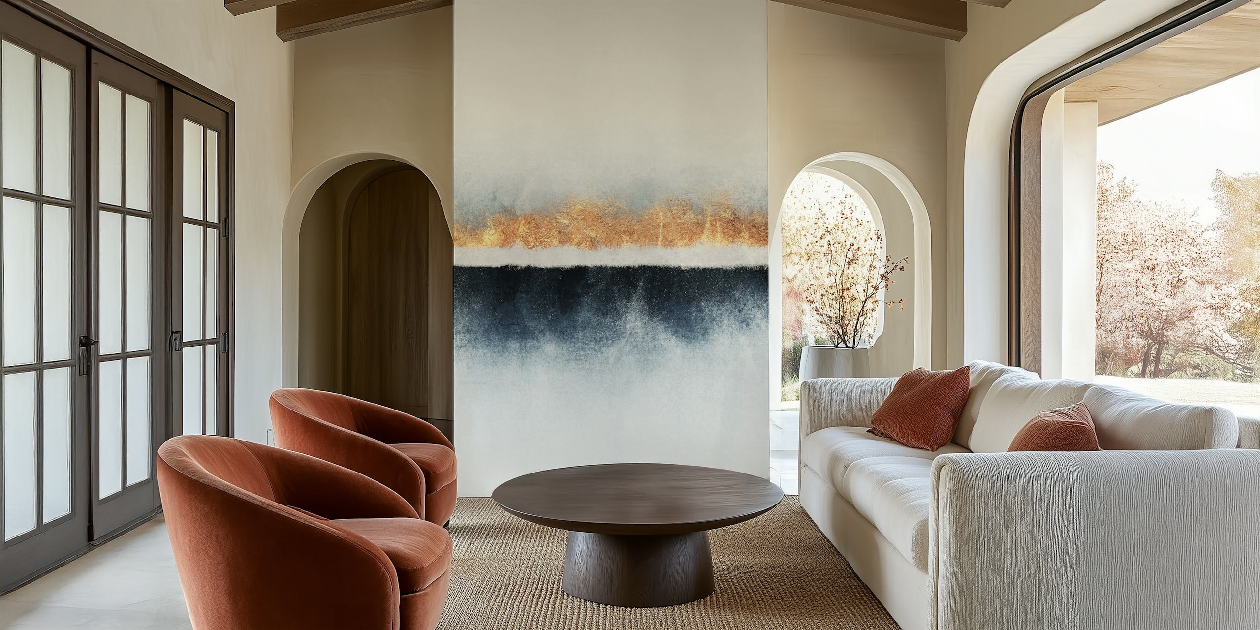 Abstrakcyjna fototapeta Horyzont z warstwami śnieżnobiałej, złotej i ciemnoniebieskiej