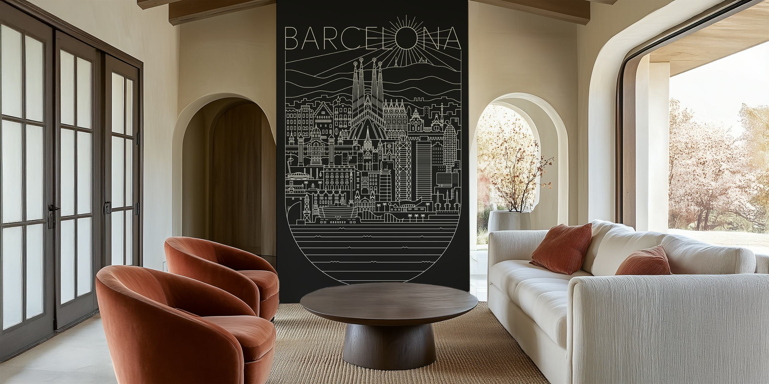 Line art wall mural depicting Barcelona's cityscape with highlights like Sagrada Familia
