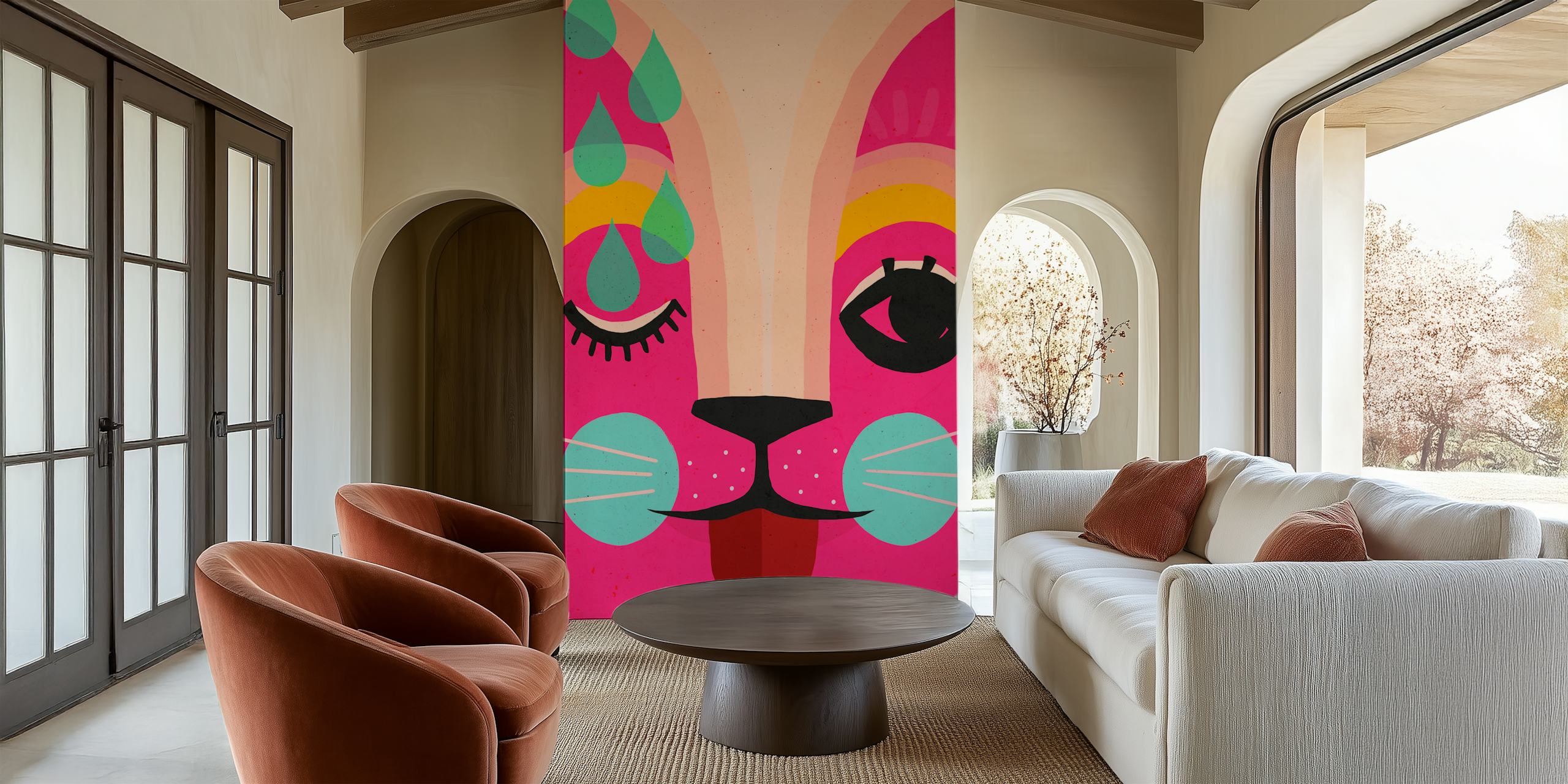Colorful cat face with pink background, teal details, modern style wallpaper