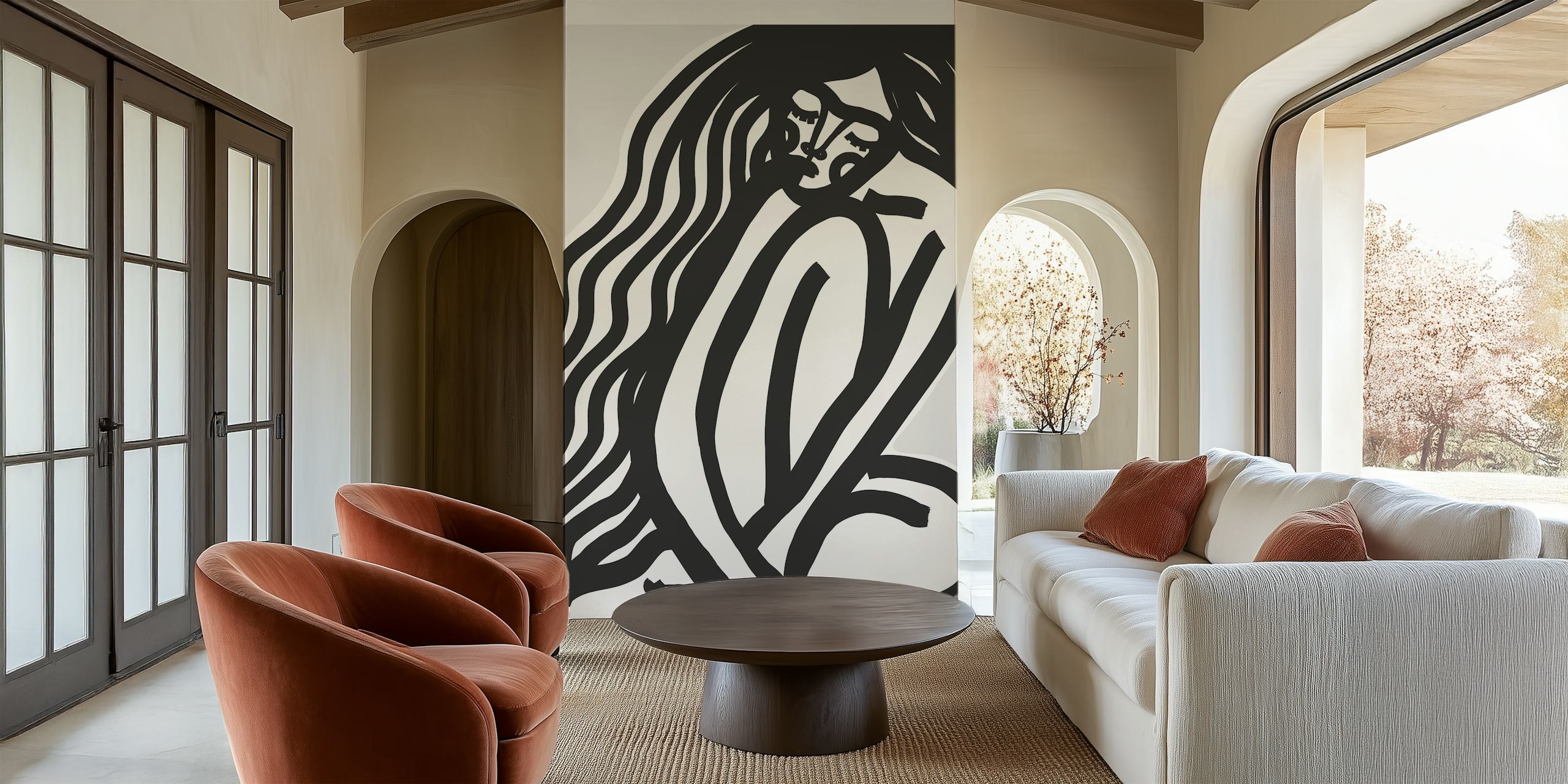 Mural de parede abstrato em preto e branco com um design de silhueta reflexiva