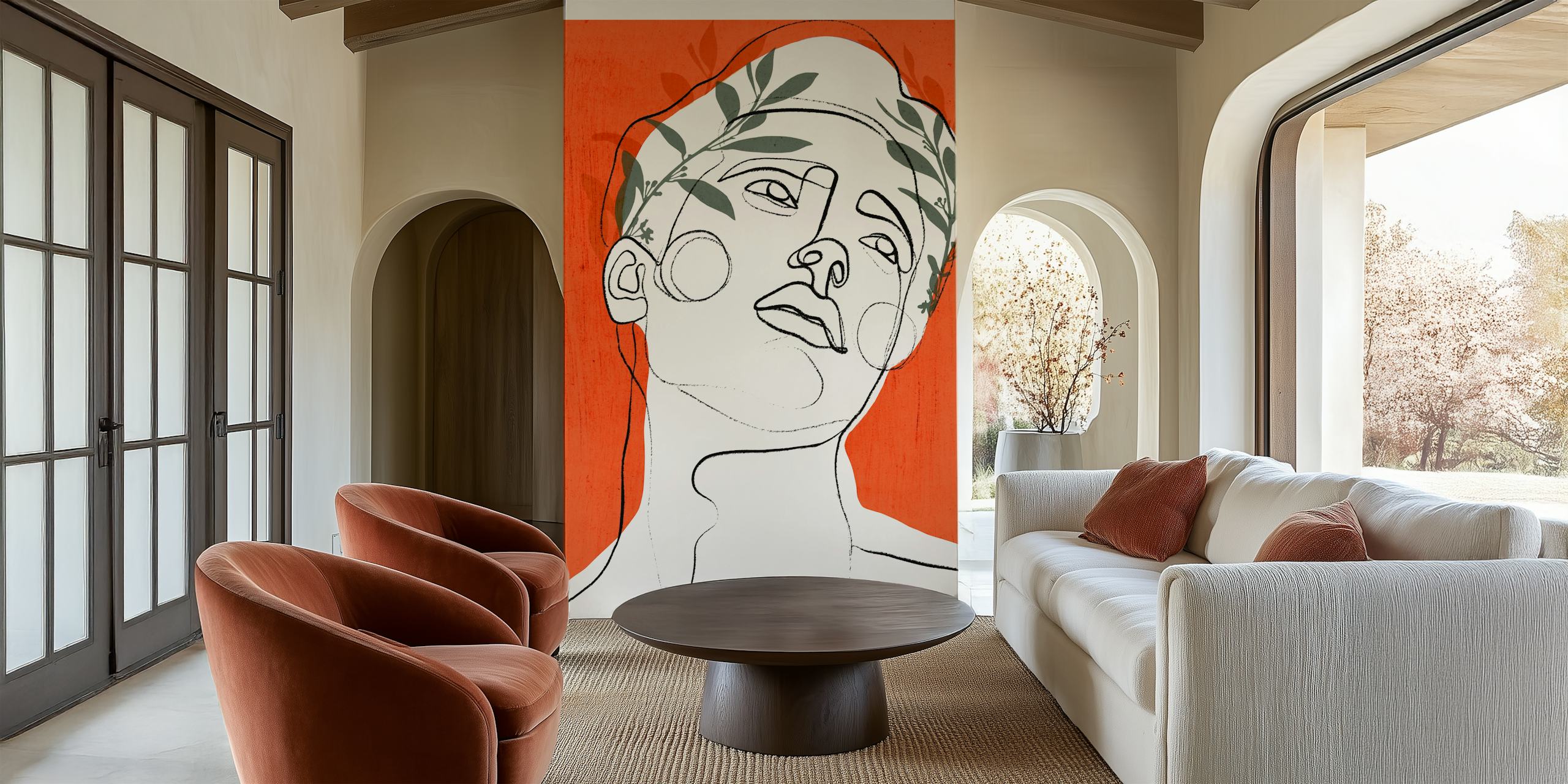 Modern line art of a person's face with floral elements on orange wallpaper