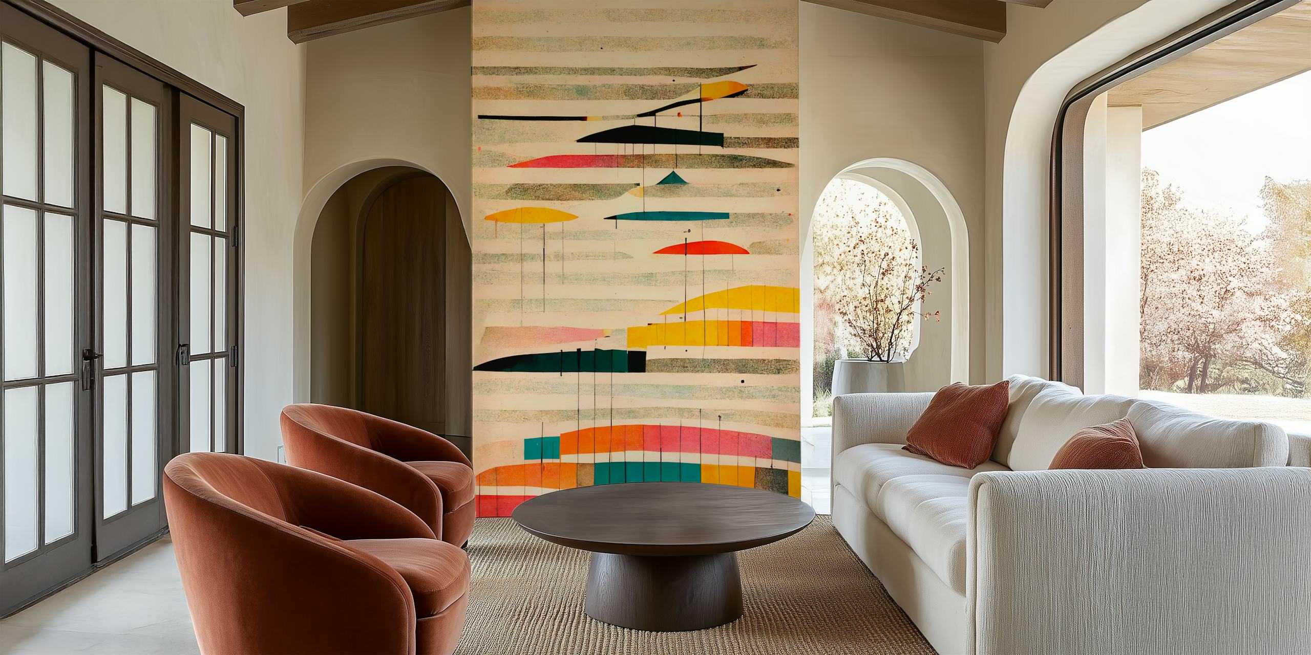 Colorful geometric shapes in pink, yellow, blue, and black wallpaper