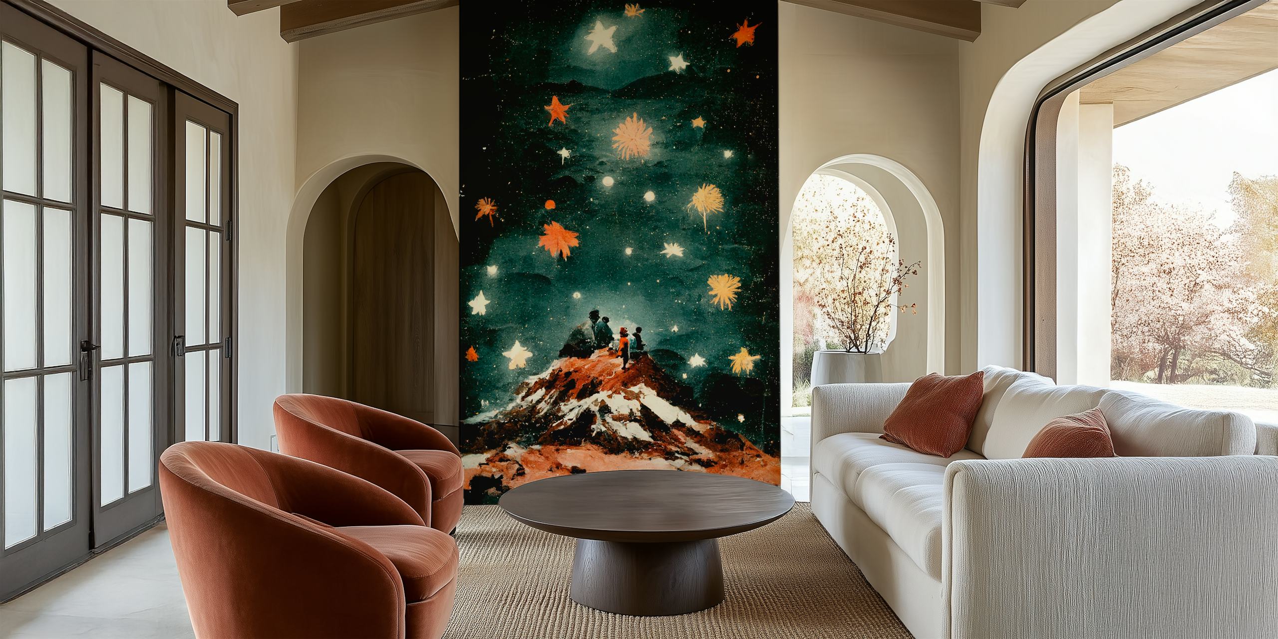 Mountain scene silhouetted against a starry night sky wallpaper