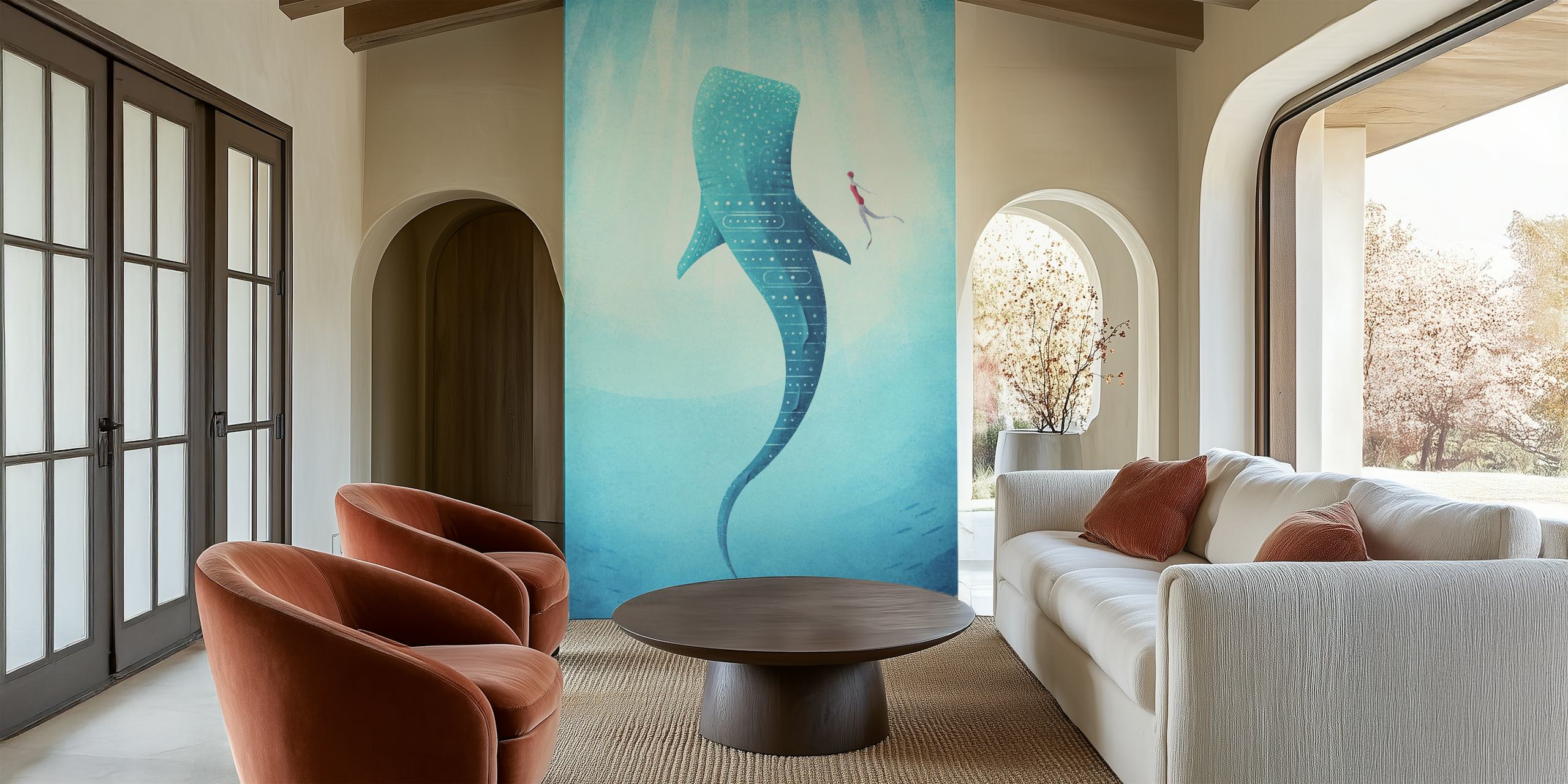 Whale shark silhouette in aqua blue tones, artistic illustration wallpaper