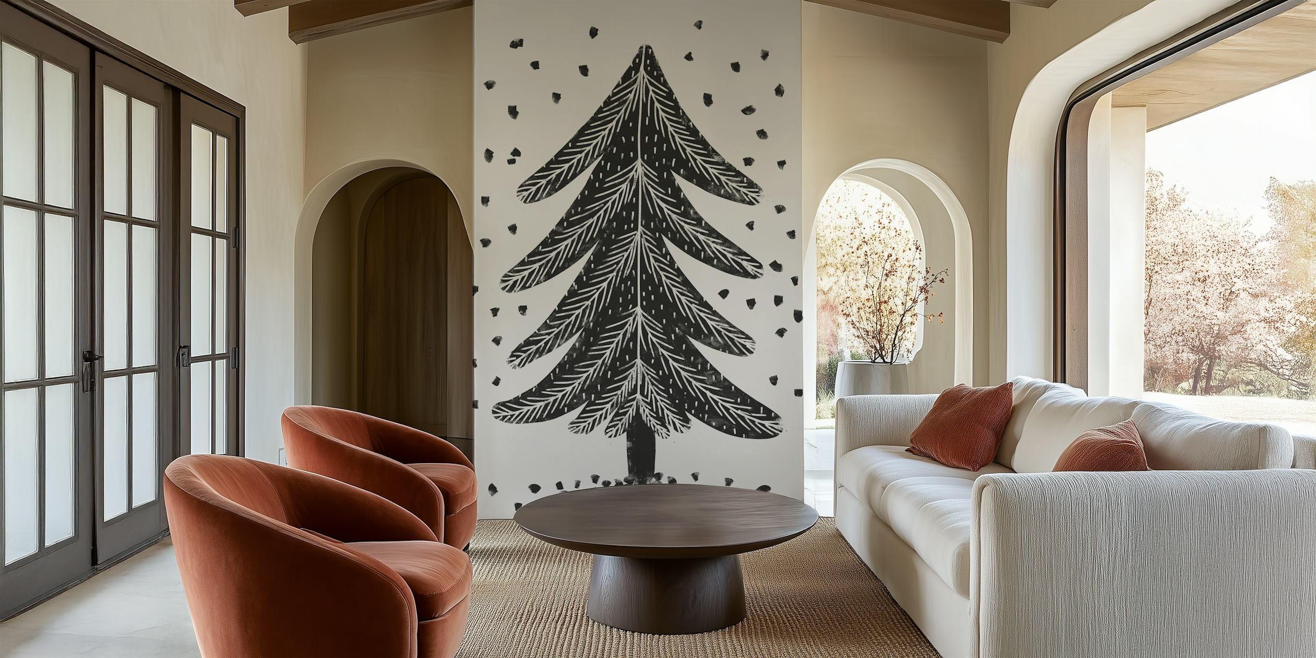 Black pine tree illustration on gray background wallpaper
