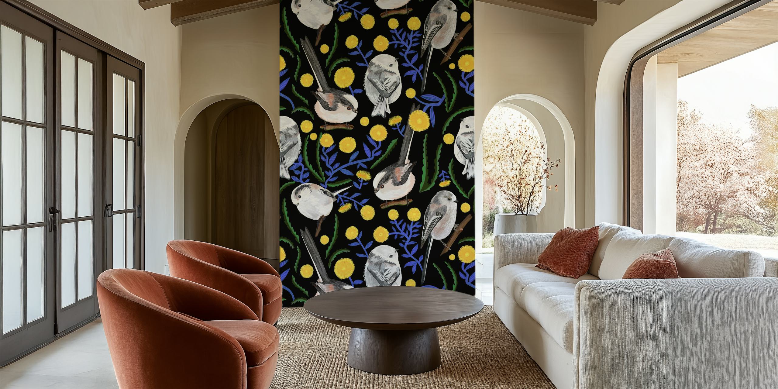 Long tailed tits and dandelions wallpaper