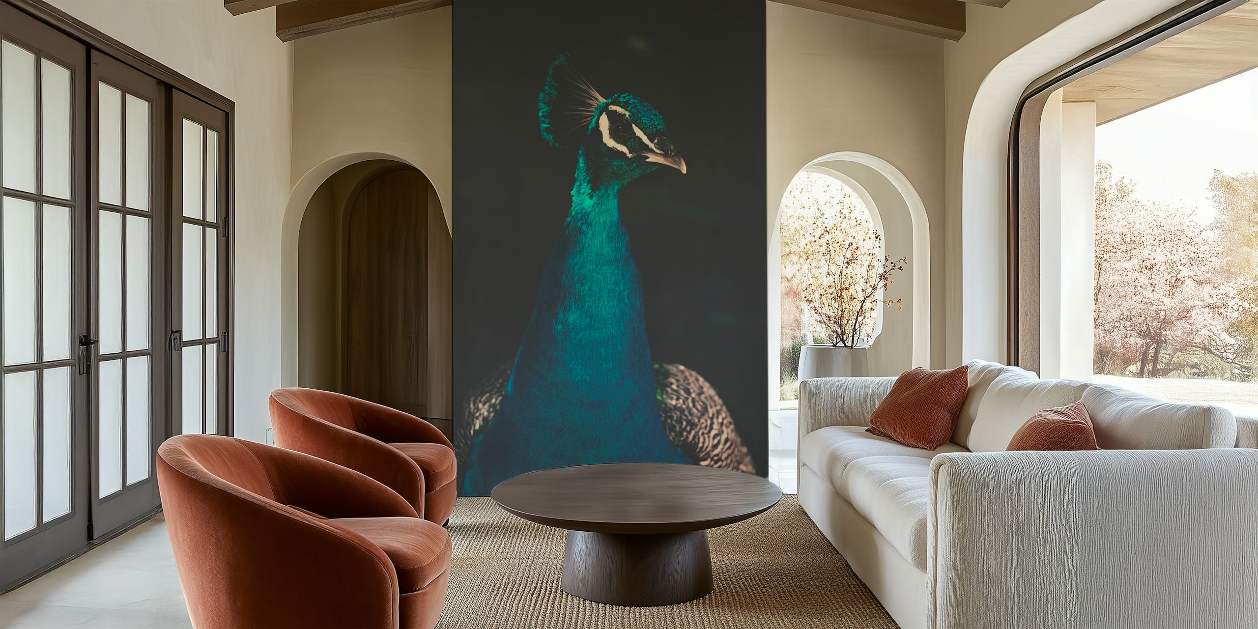 Elegante pauwfotobehang met levendige turquoise en smaragdgroene veren