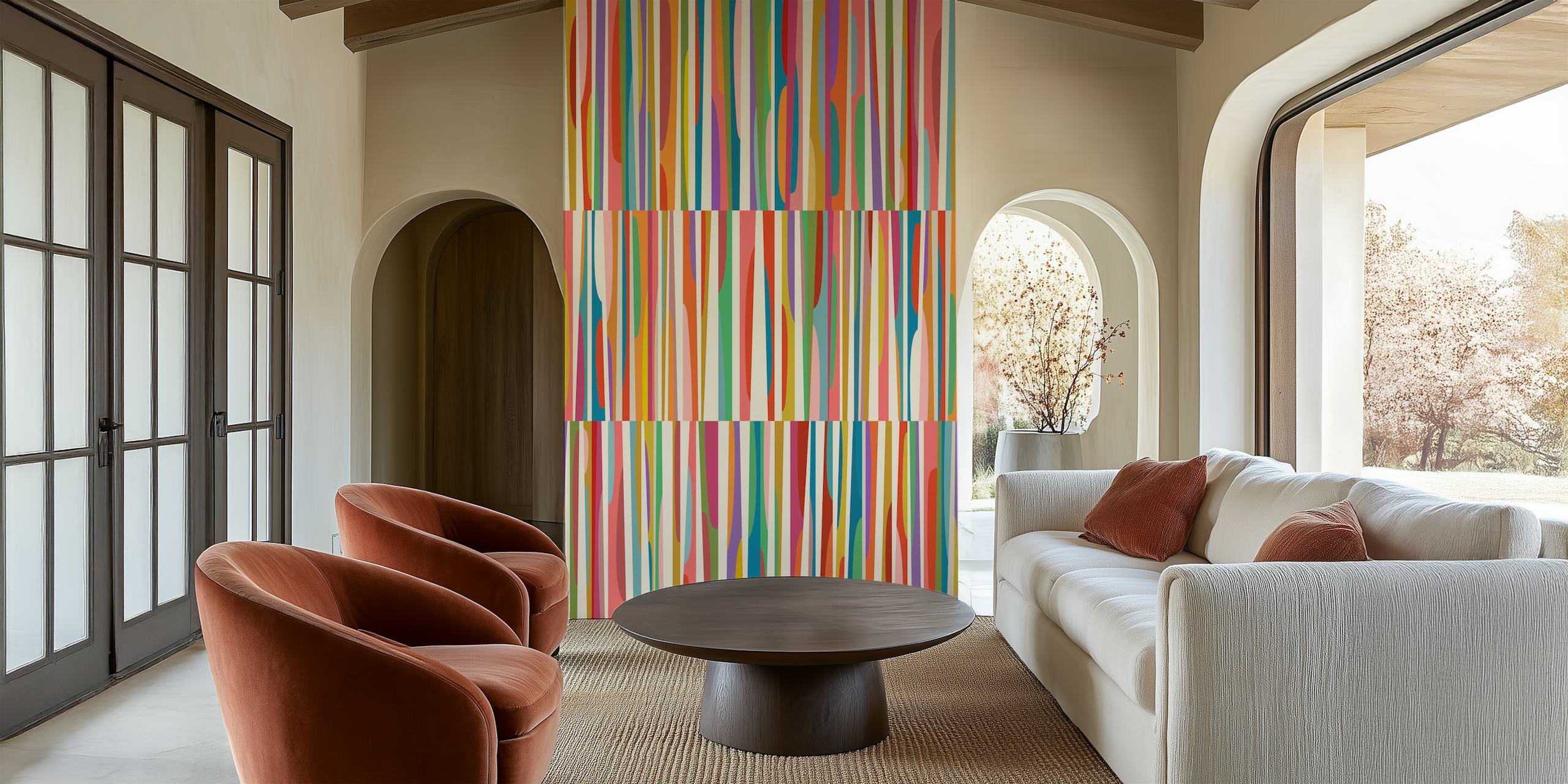 Colorful striped abstract wallpaper design with red, blue, green, and yellow hues