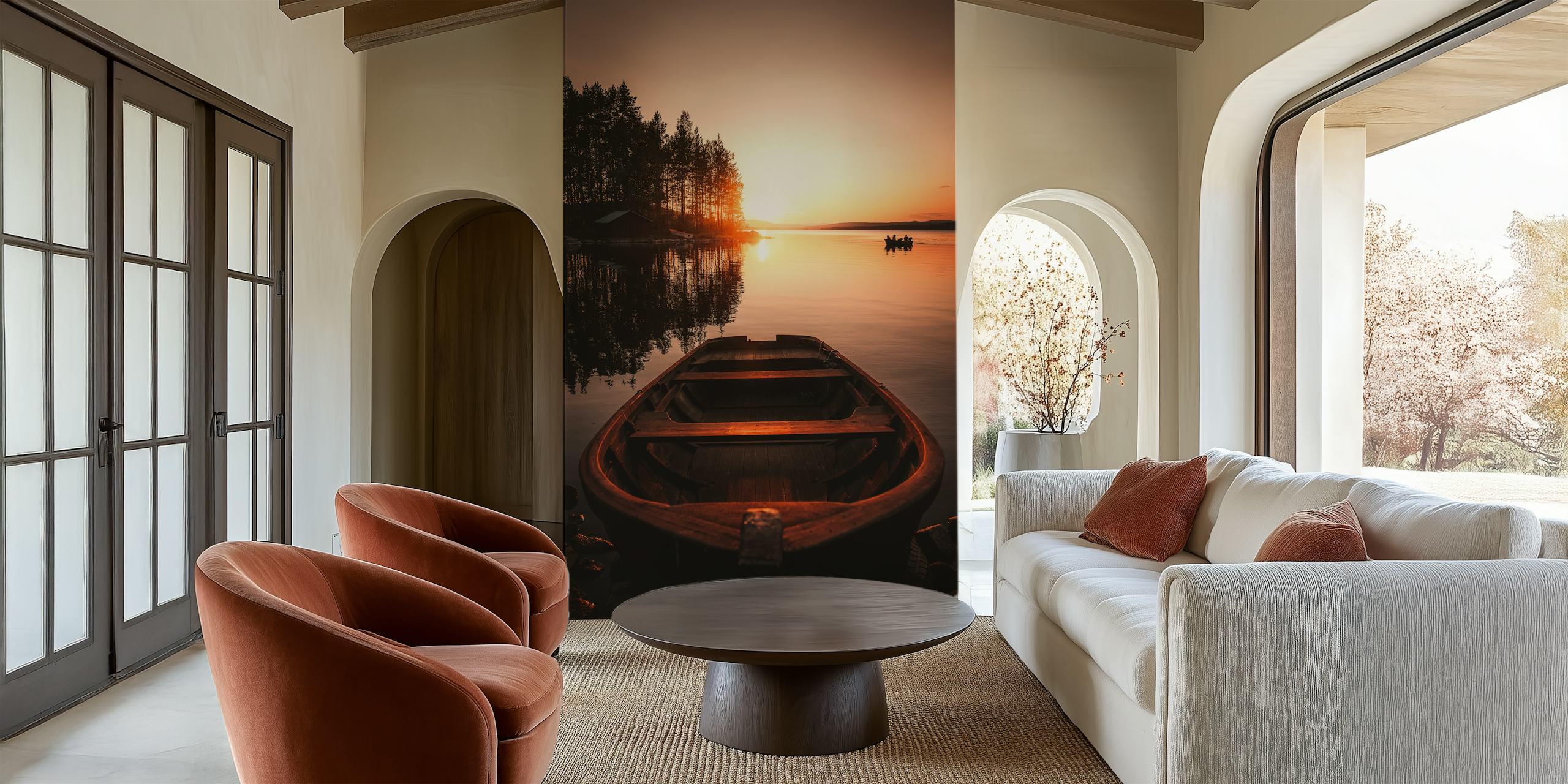 Boat on calm water at sunset with trees reflecting wallpaper