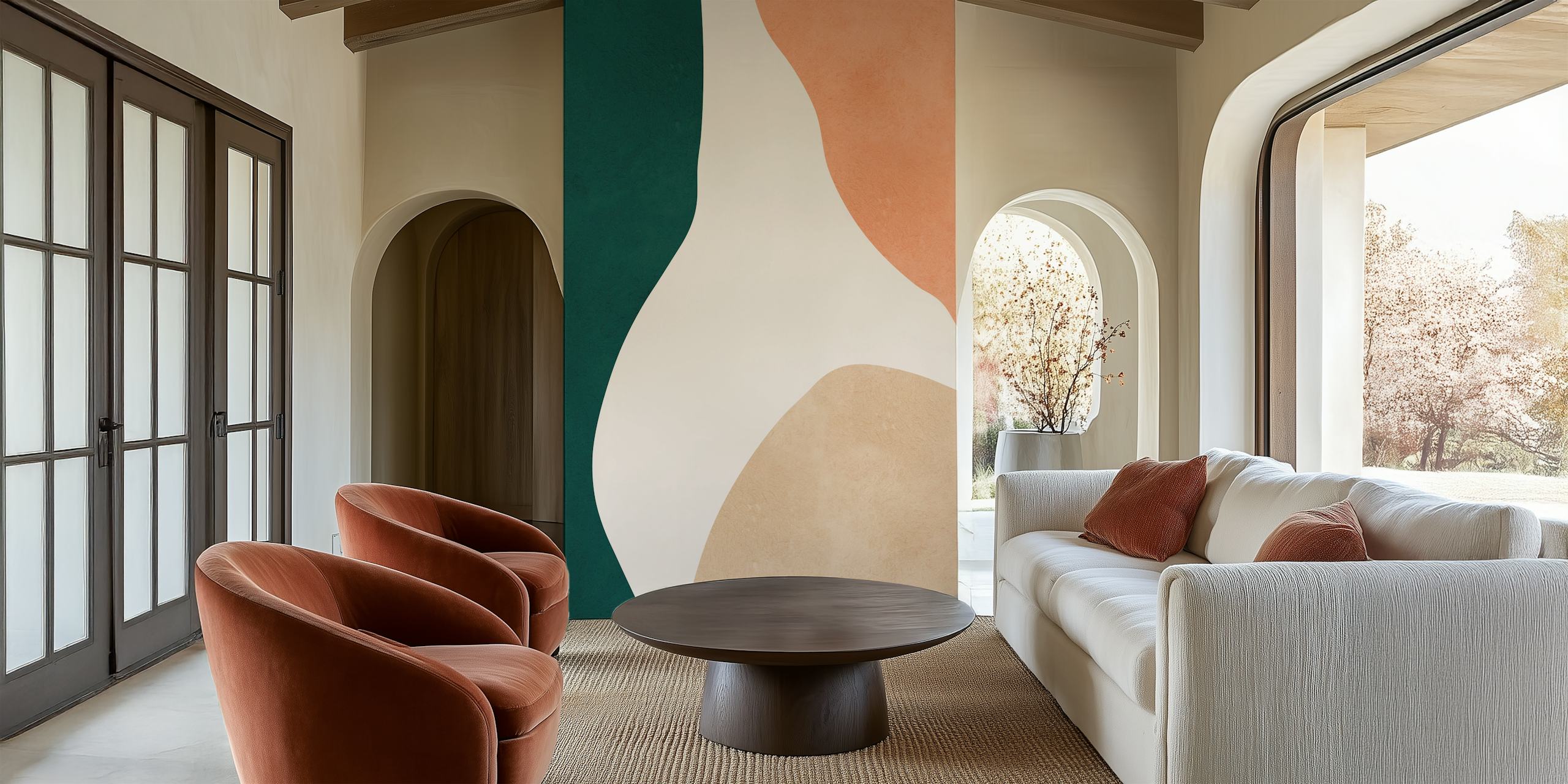 Green, peach, and beige abstract shapes wallpaper
