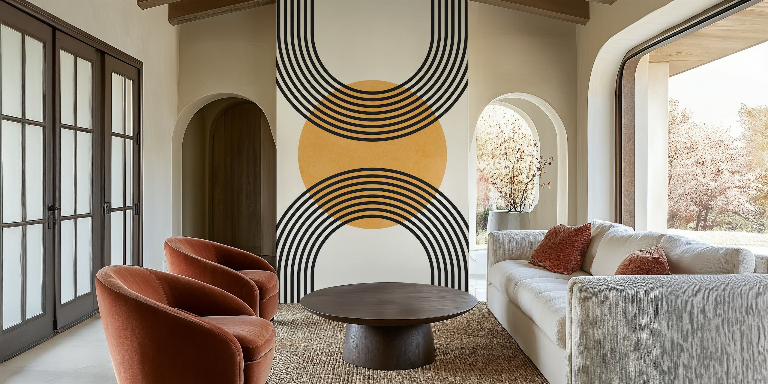 Minimalist lines and circles wall mural in black and gold tones