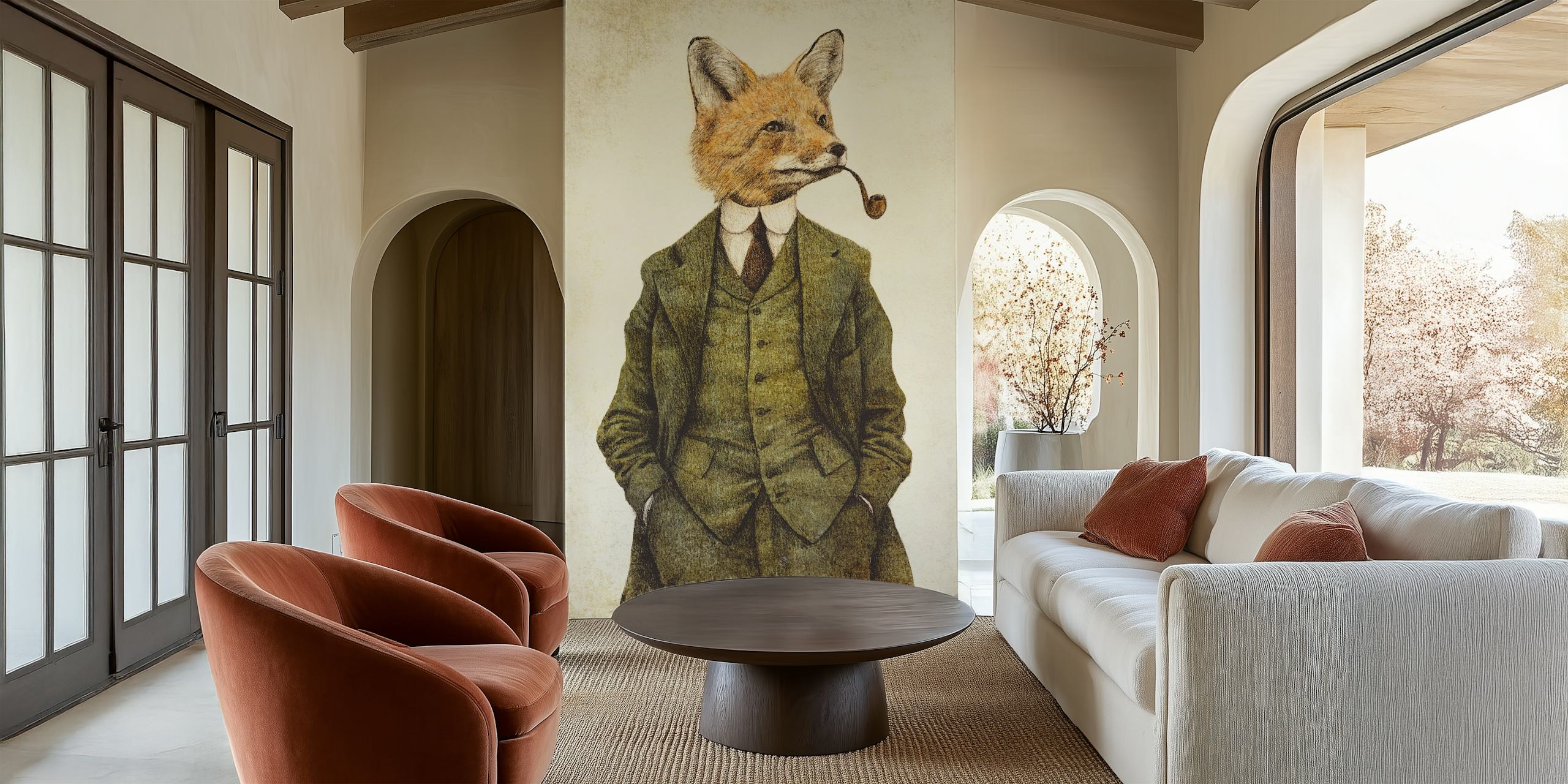 Fox character in a suit with a pipe, vintage style wallpaper