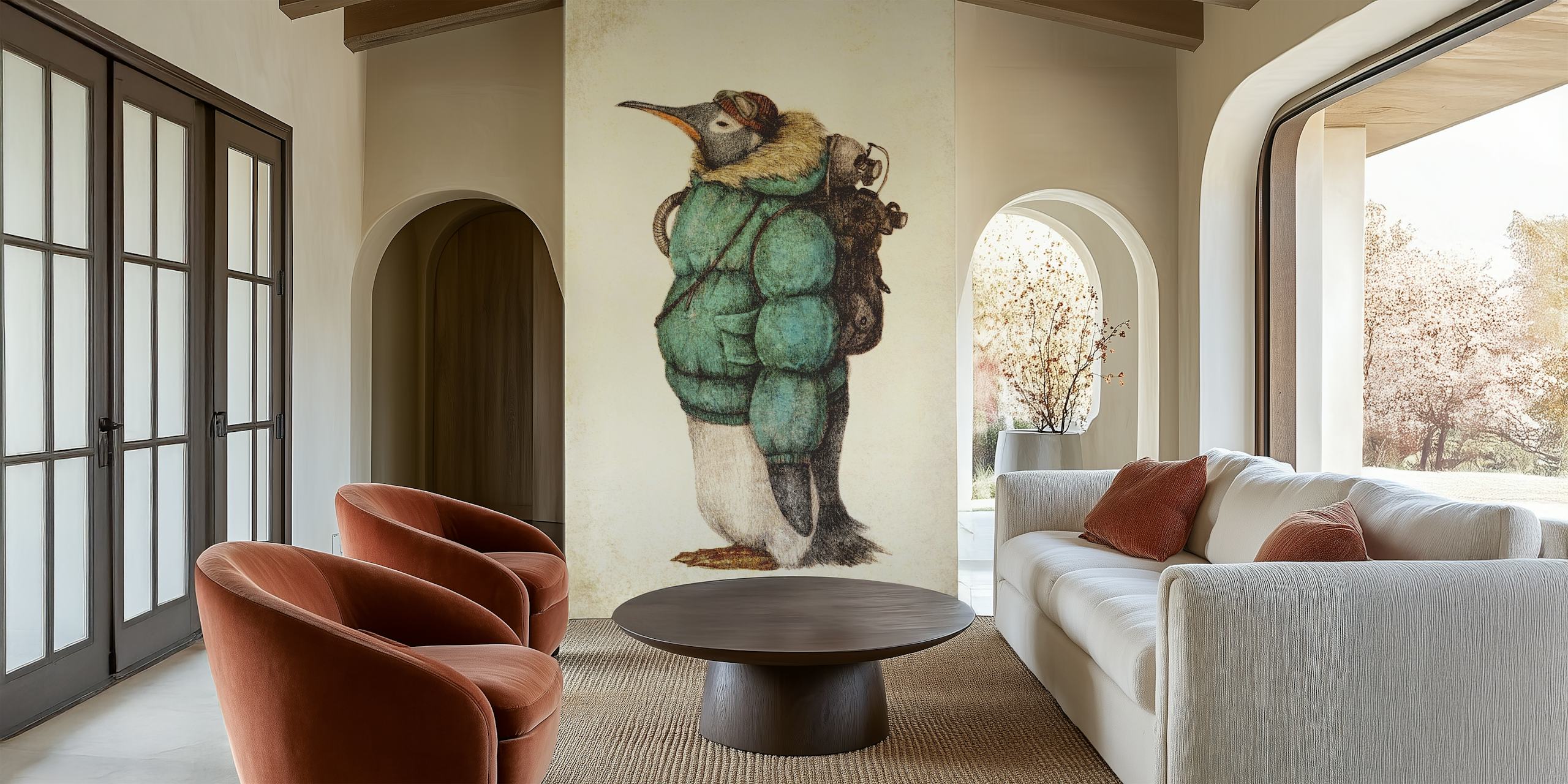 Penguin wearing a green jacket and backpack art wallpaper