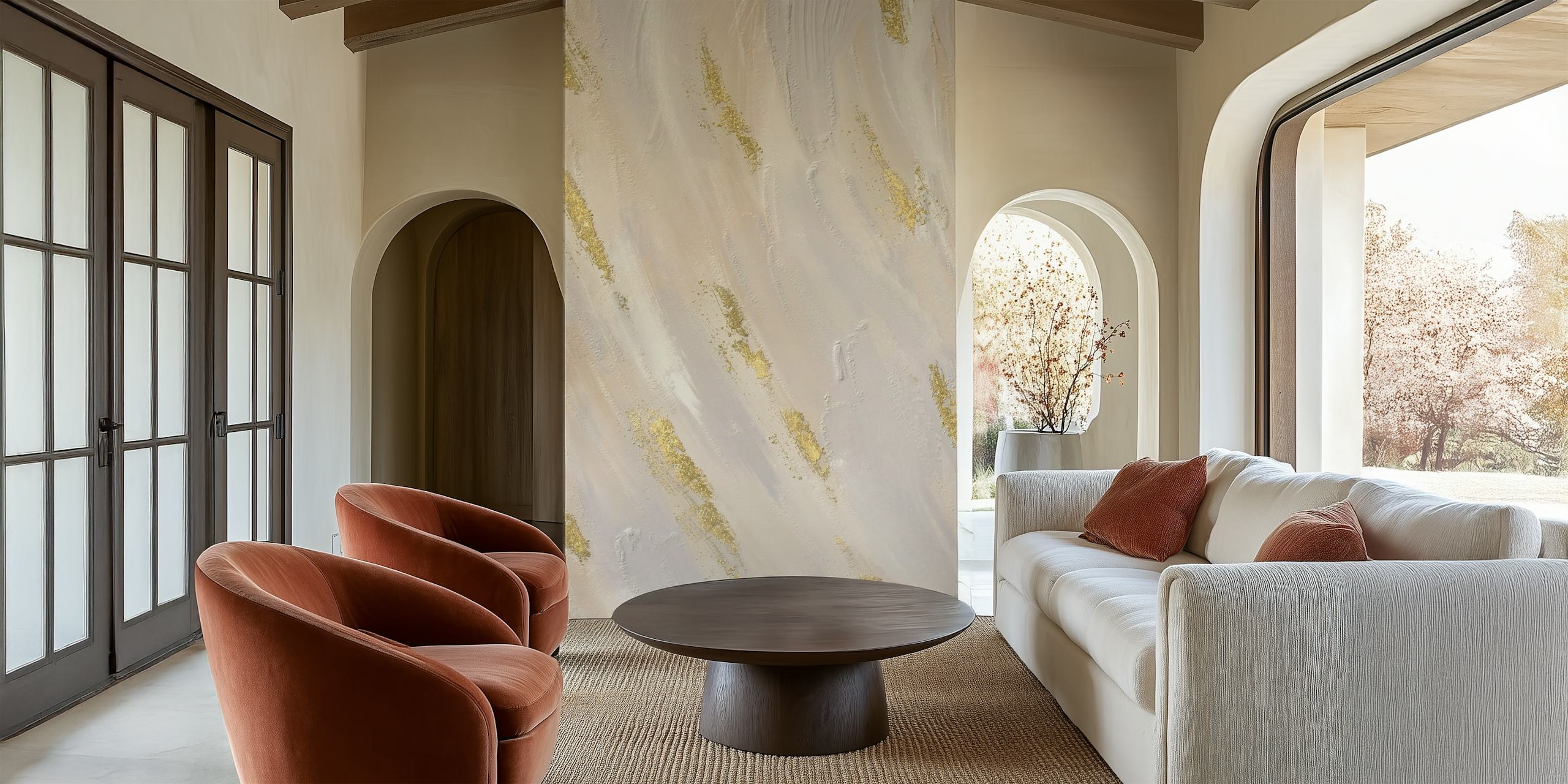 Abstract neutral wall mural with gold streaks adding a touch of luxury and elegance.