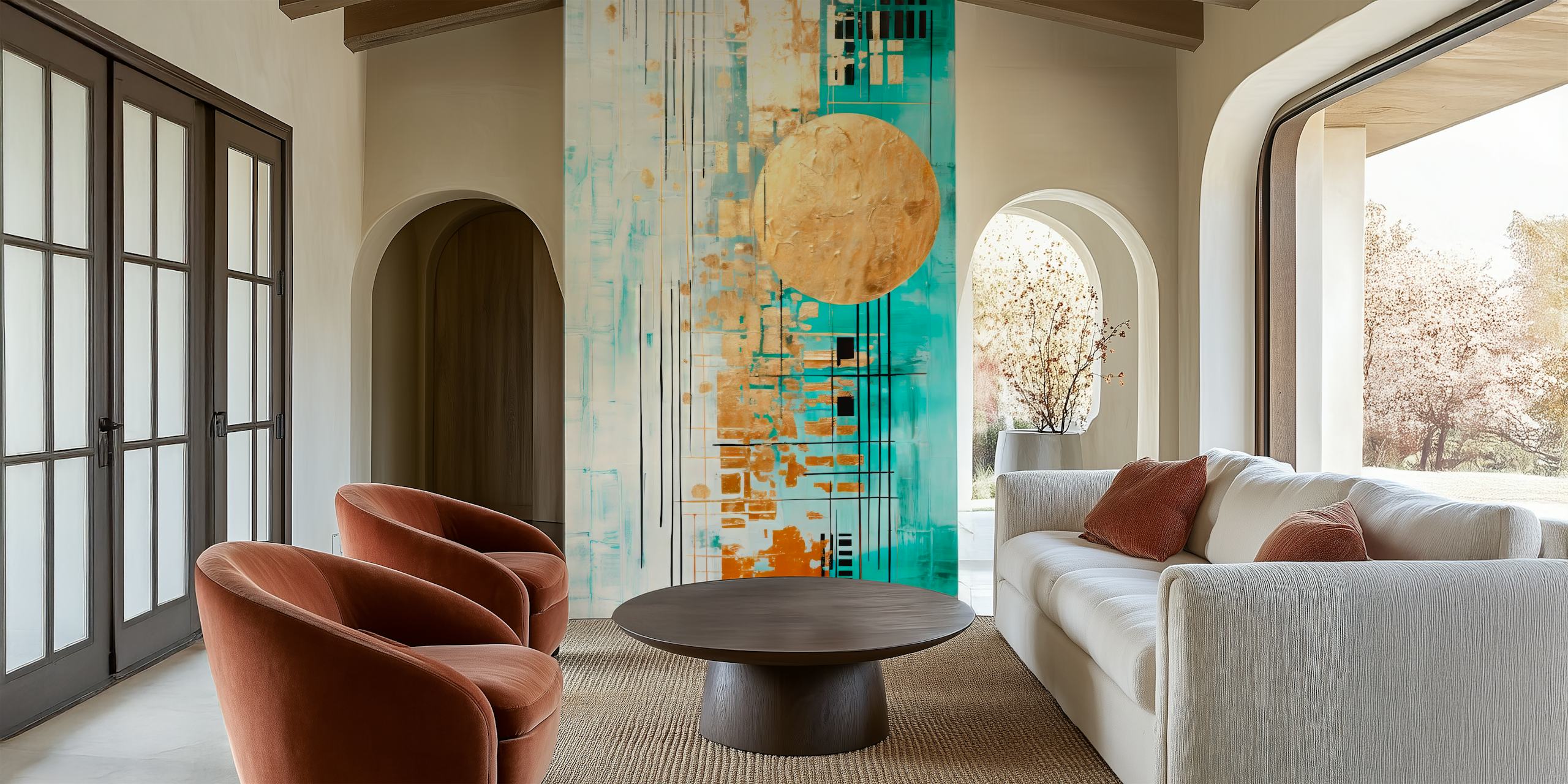 Carta da parati astratta con tonalità oro, blu e bianche e un cerchio dorato centrale che ricorda il sole