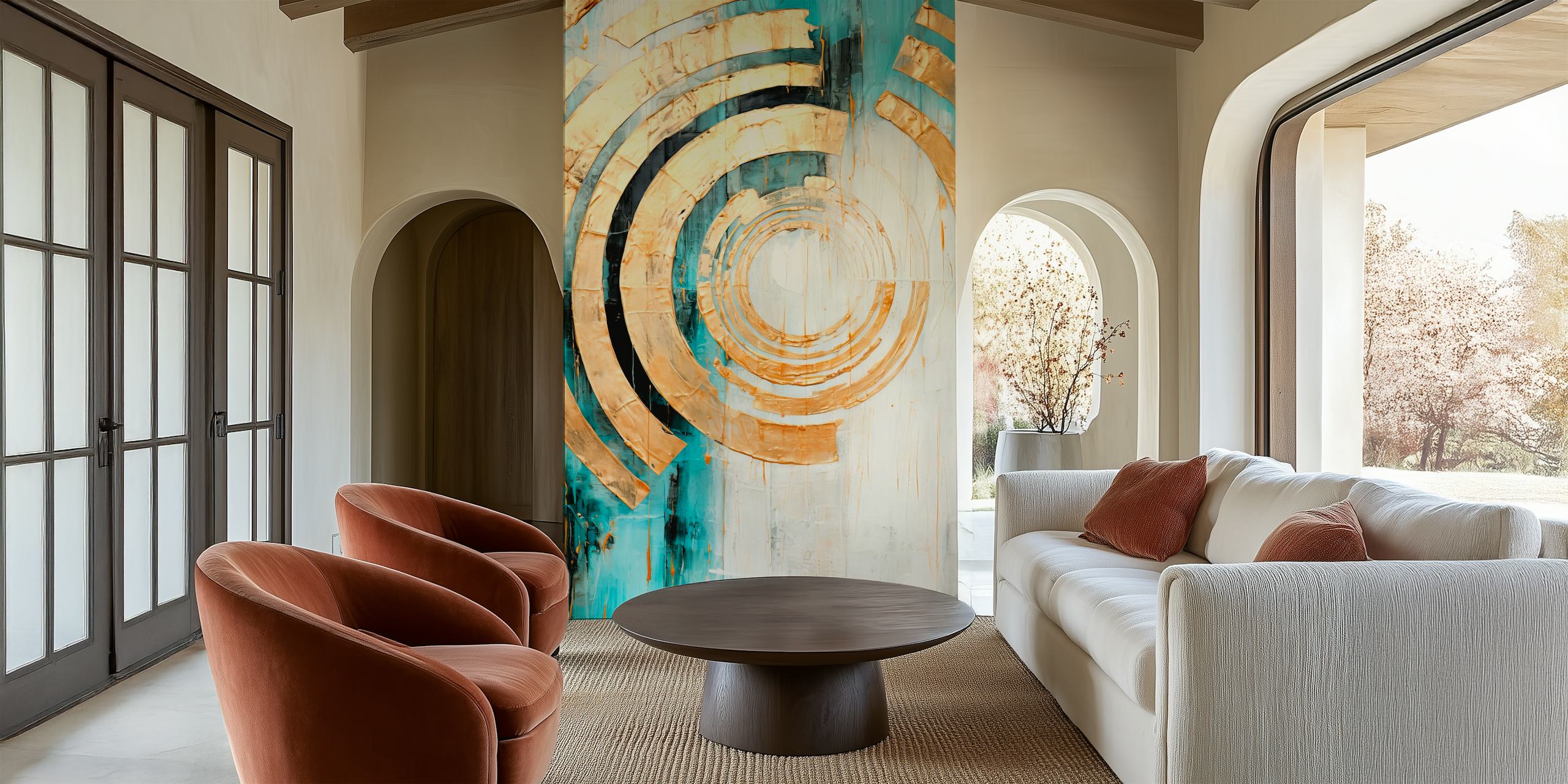 Vibrant sun abstract art wallpaper in a room