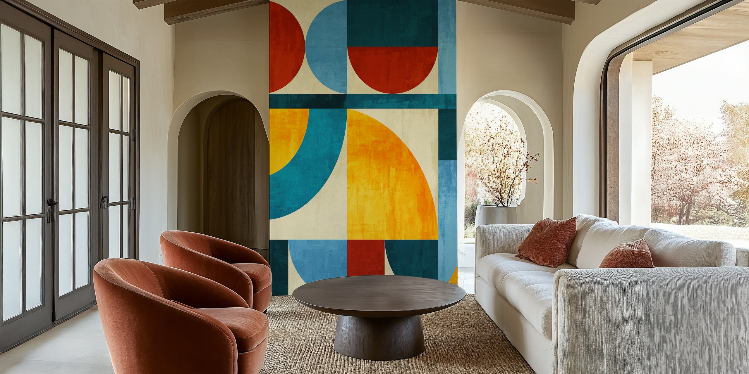 Colorful geometric shapes in red, blue, yellow on a textured background wallpaper