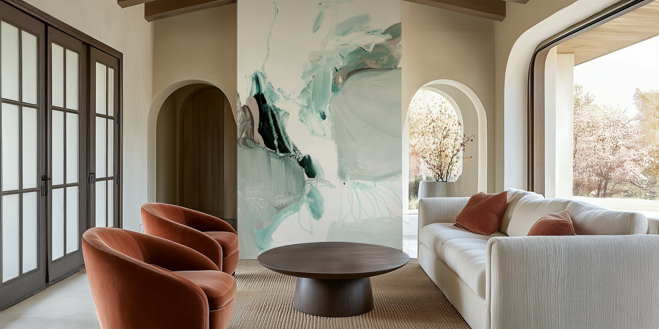 Abstract brushstroke design in teal and black colors wallpaper