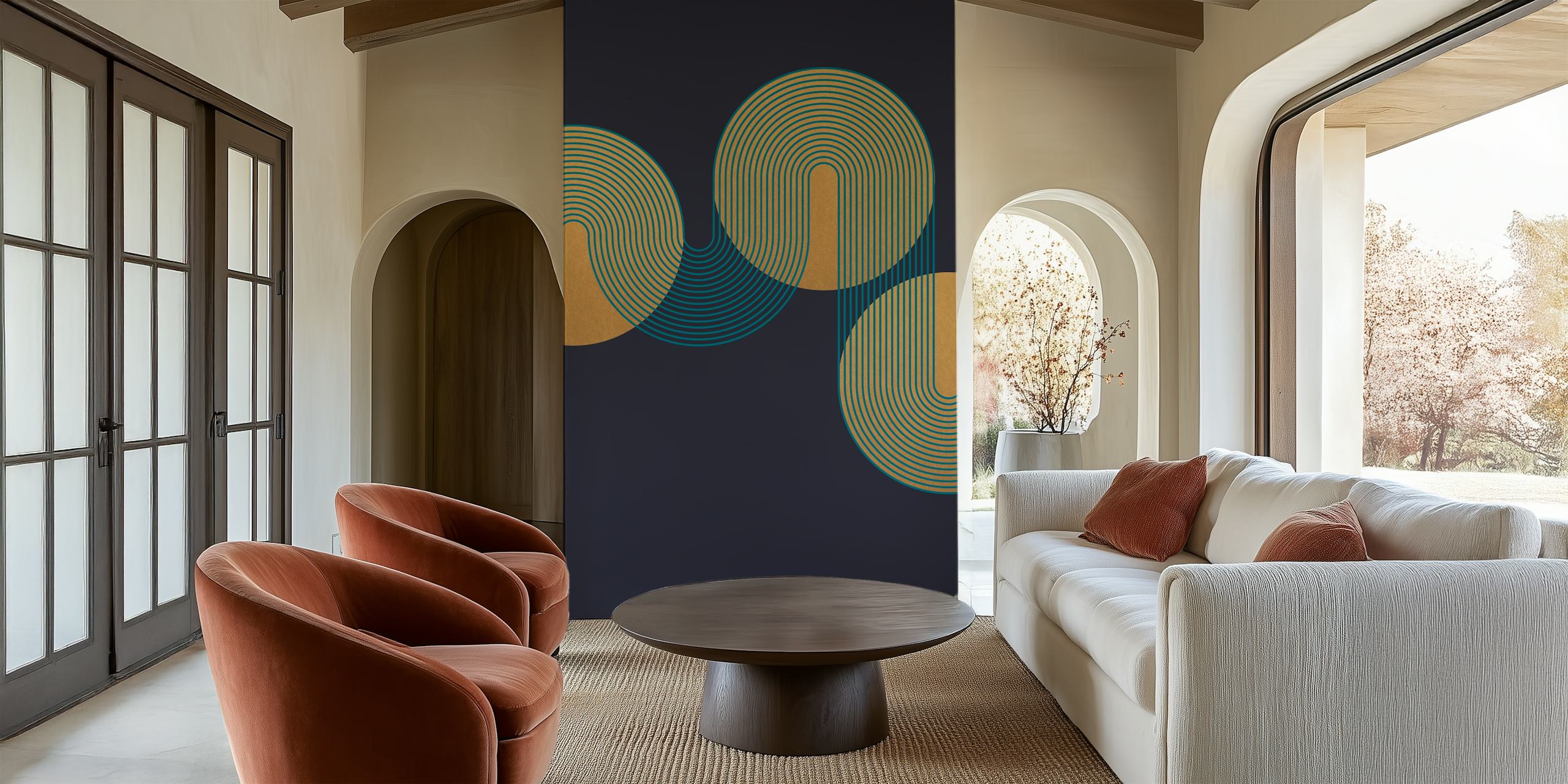 Bauhaus-inspired abstract wall mural with overlapping circles in golden and beige tones on a navy background