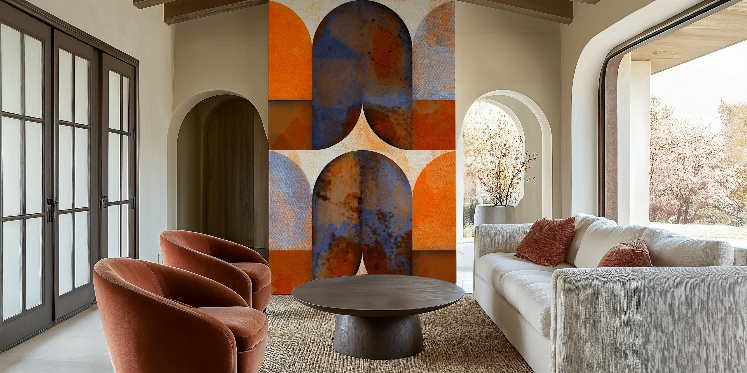 Vintage abstract design with overlapping semicircles in sunrise hues wall mural