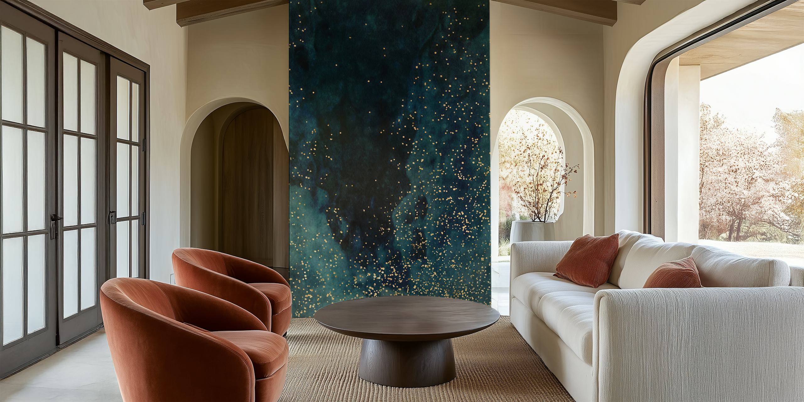 Dark galaxy wallpaper with gold stars and swirling blue colors