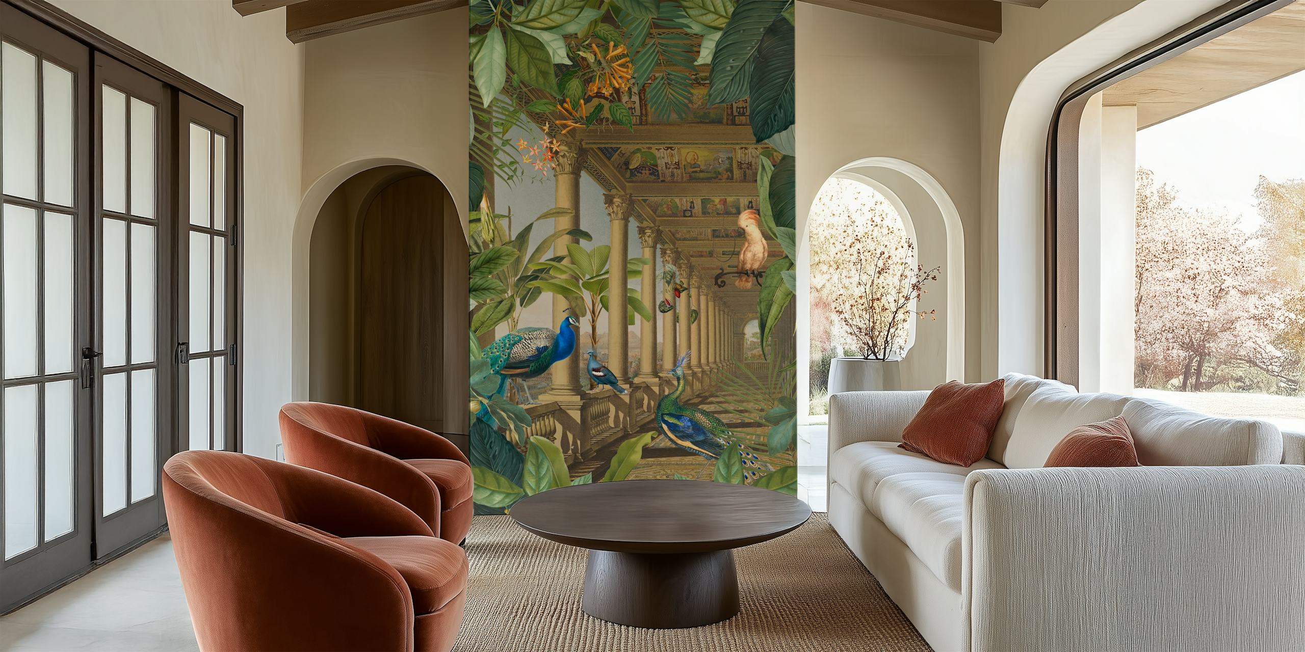 Exotic jungle and peacock-themed wall mural with antique architecture