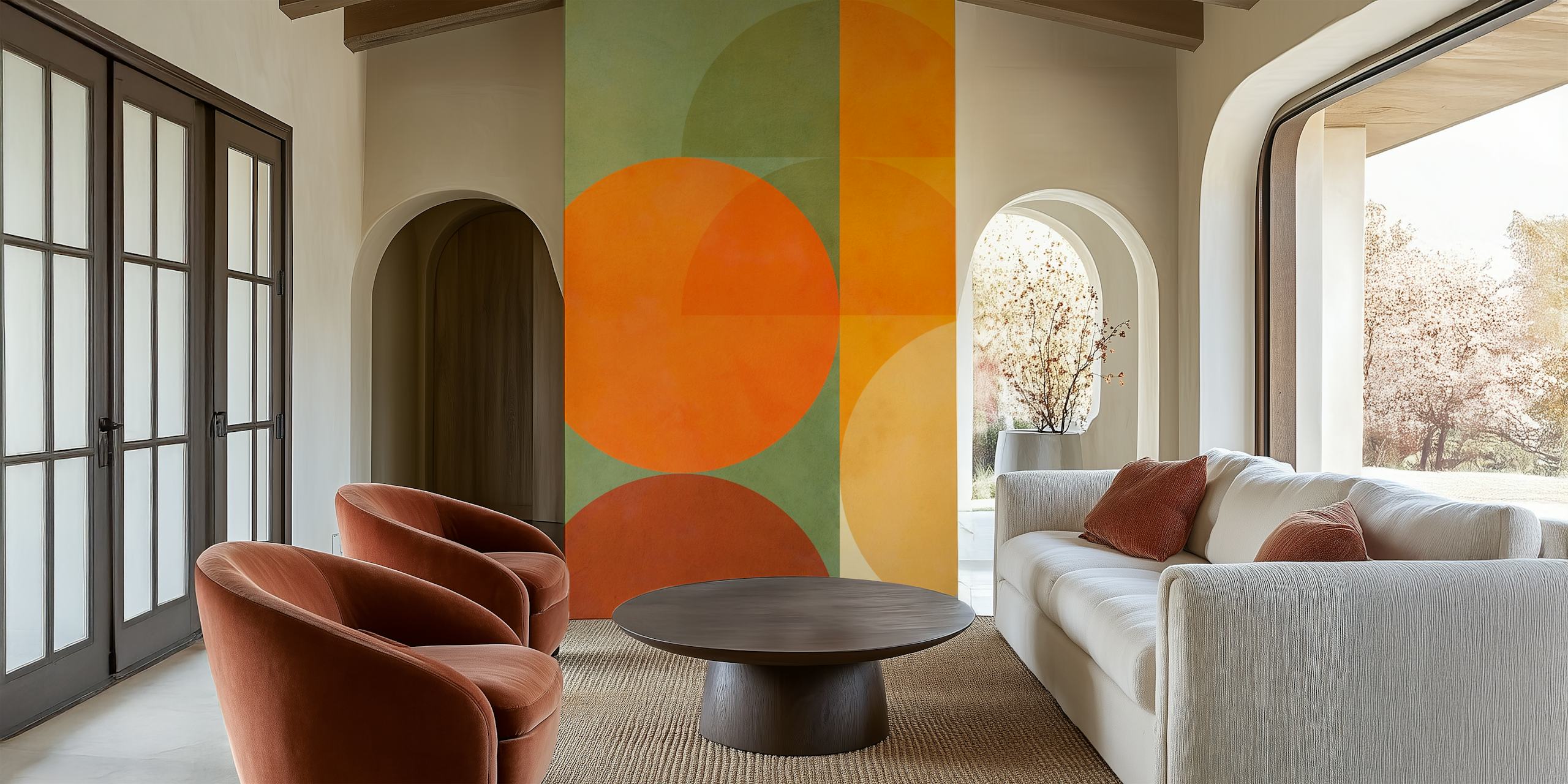 Colorful geometric shapes in orange, green, and yellow wallpaper