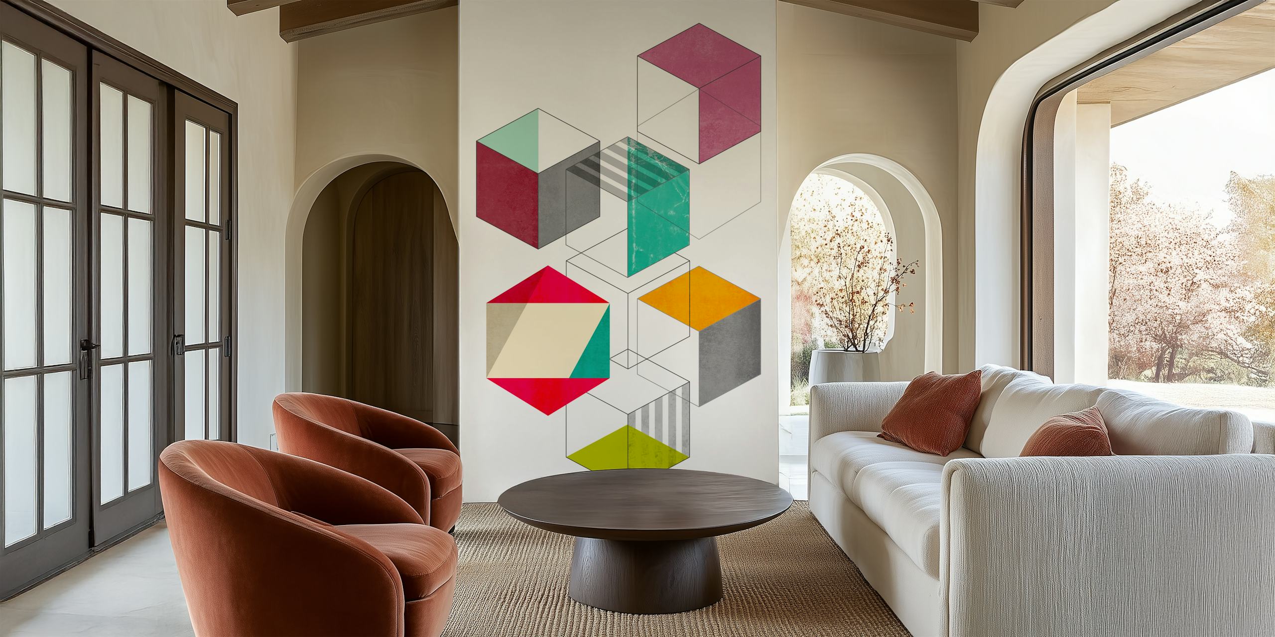 Colorful cubes wallpaper in a room setting