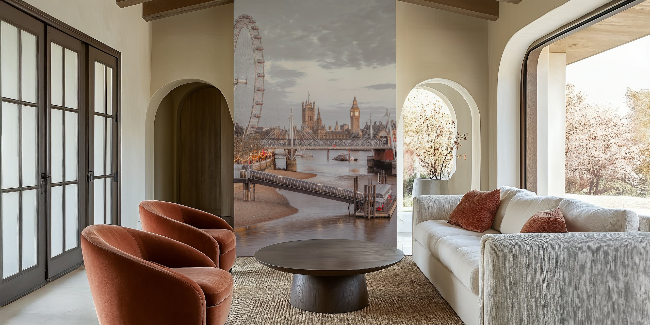 London cityscape featuring the River Thames, London Eye, and Big Ben in soft gray tones wallpaper