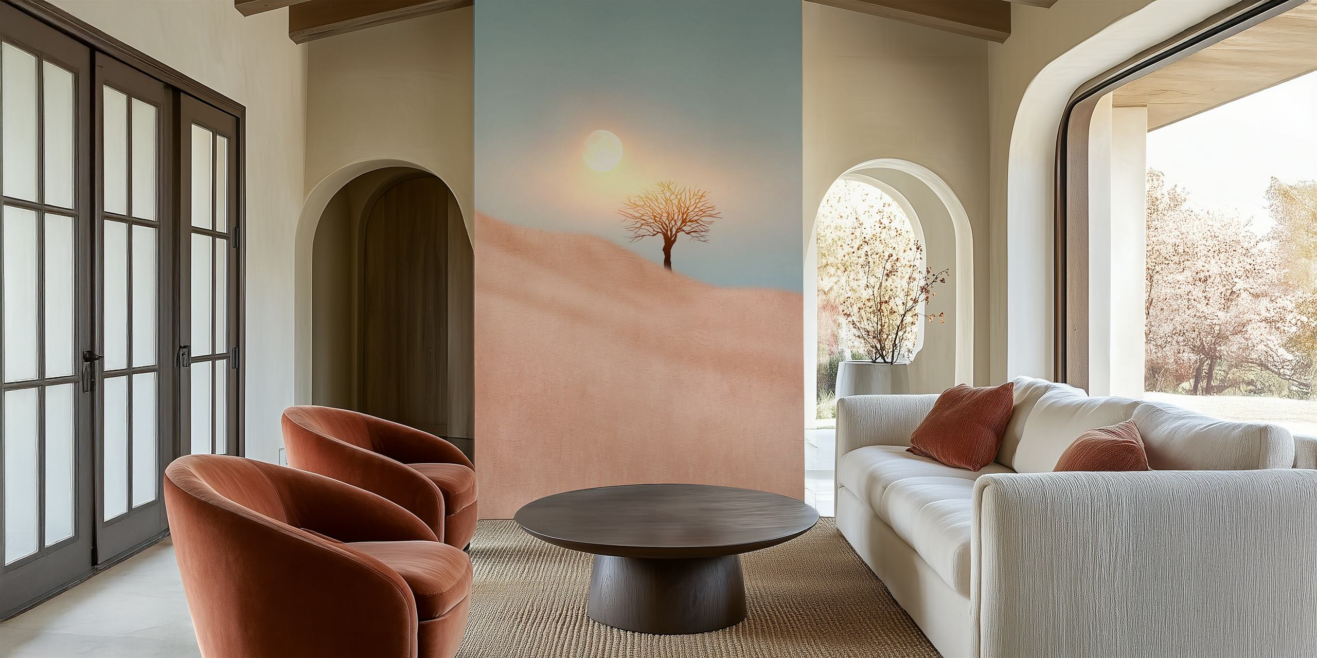 Solitary tree on a pastel beige backdrop under a soft sunlit sky wall mural