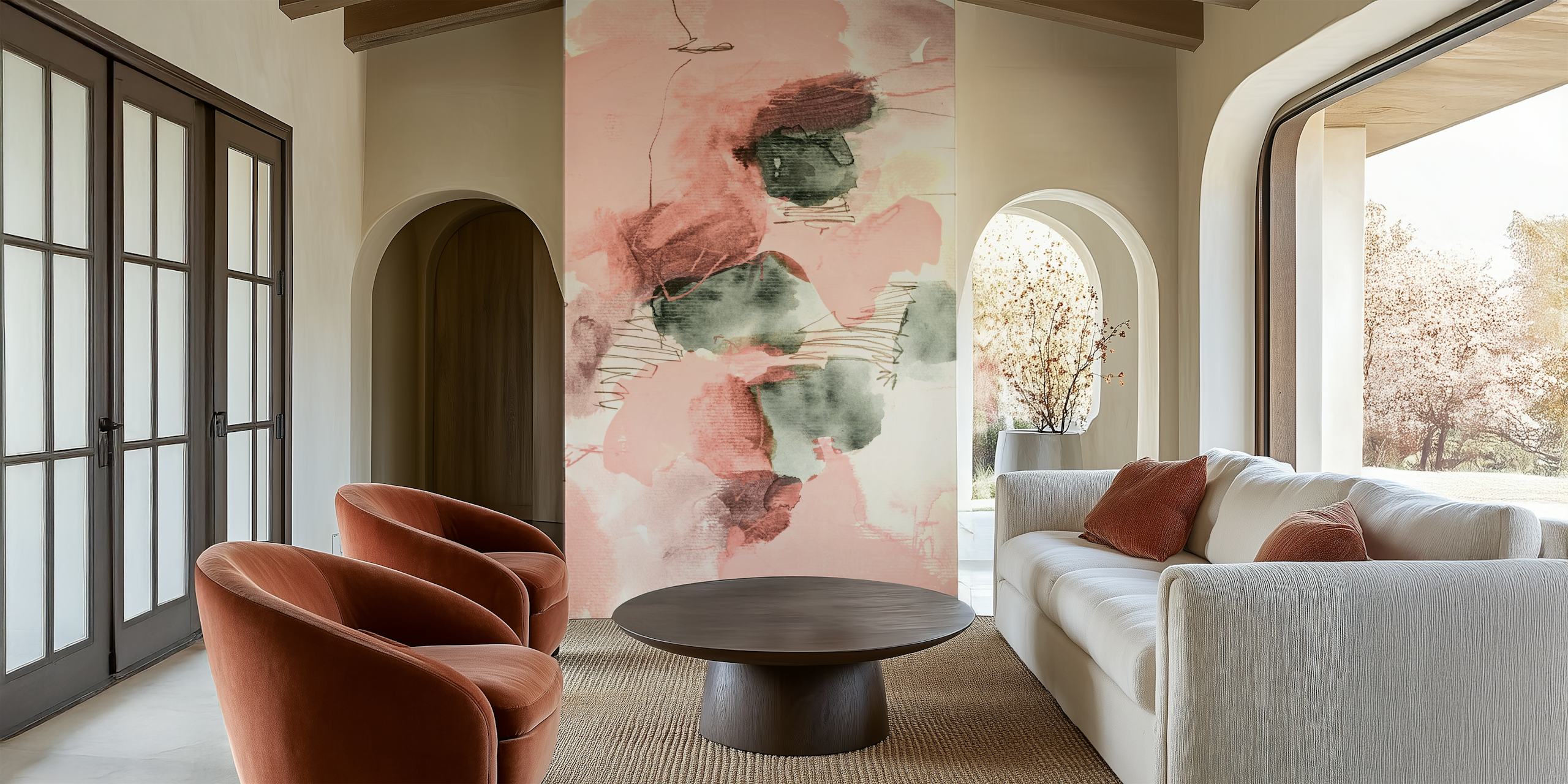 Abstract watercolor design featuring pink and green hues wallpaper