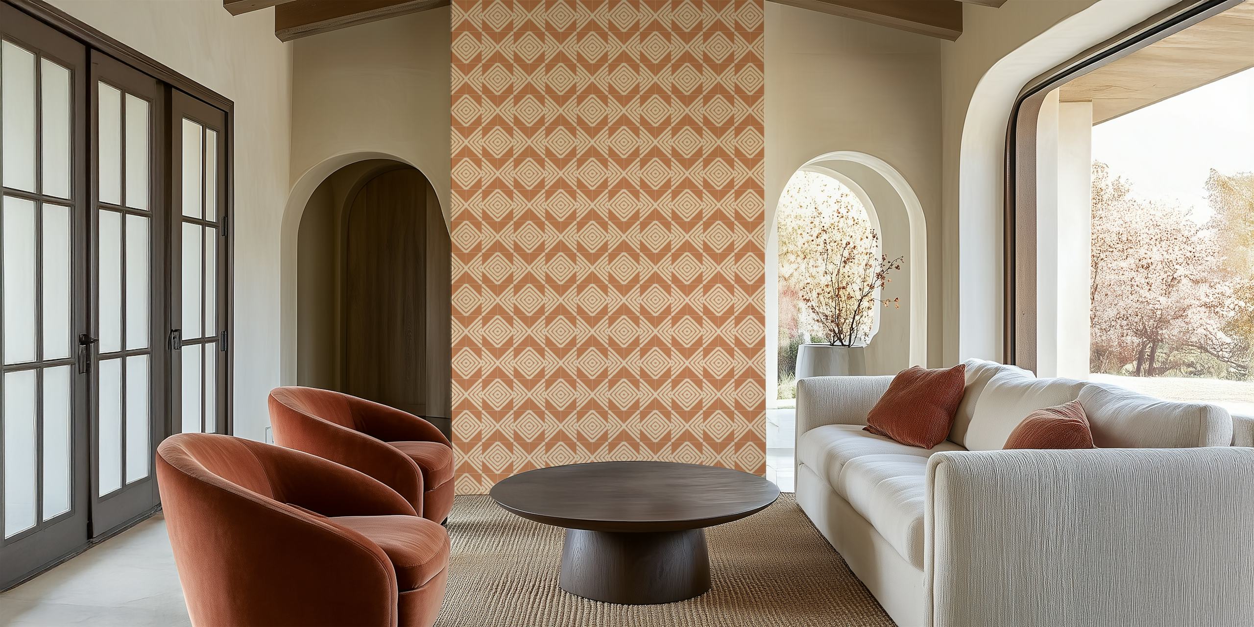Clay diamond pattern in muted terracotta and white wallpaper