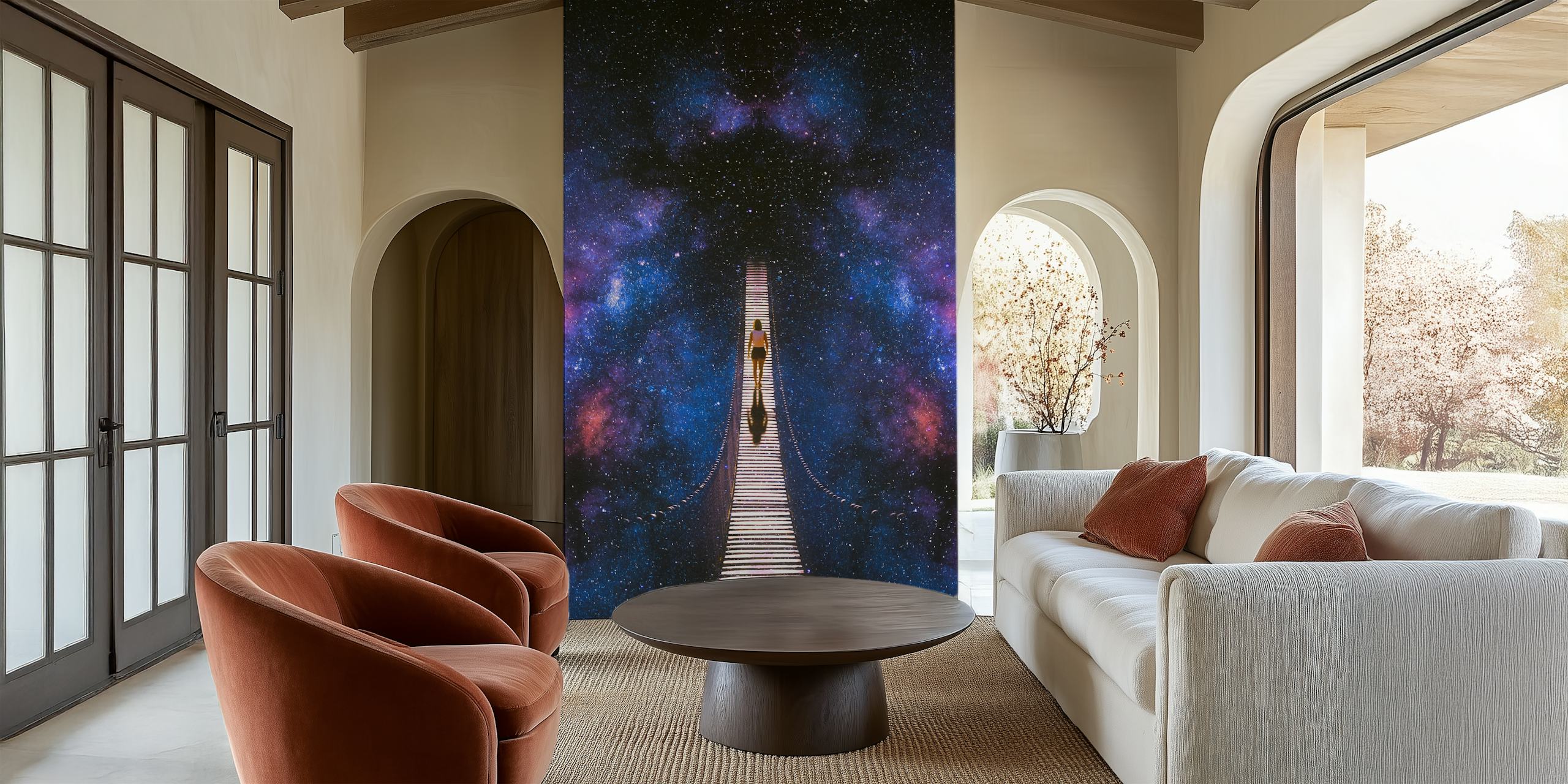 Galaxy themed wallpaper with a starry night sky and bridge pattern