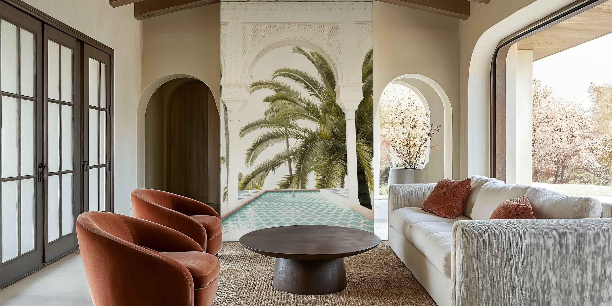 Tropical palm trees and geometric tile design wallpaper