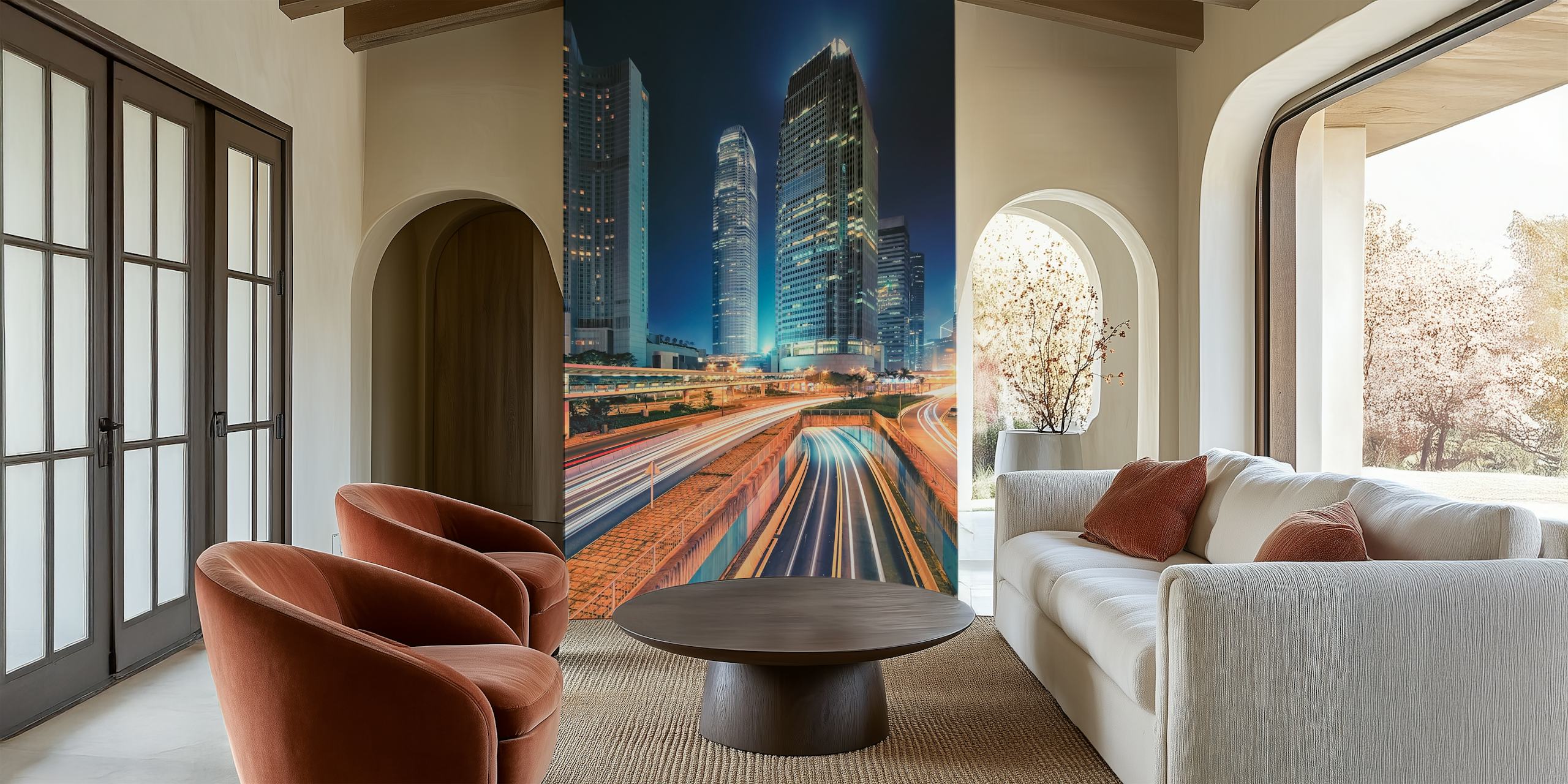 Wall mural of a vibrant cityscape at dusk with illuminated skyscrapers and light trails from moving traffic