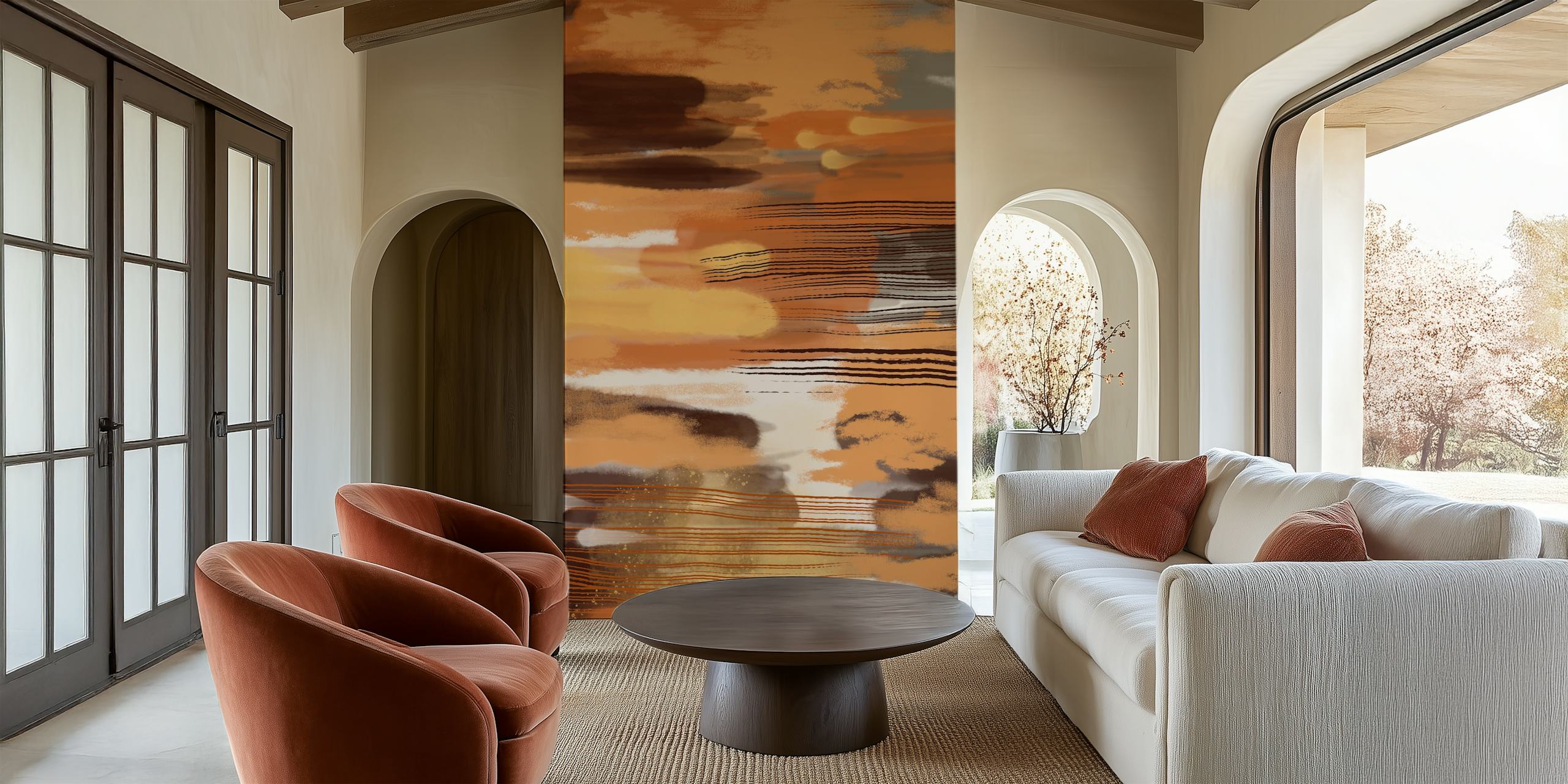 Abstract hypontic peach, rust and brown wall mural with organic brush strokes