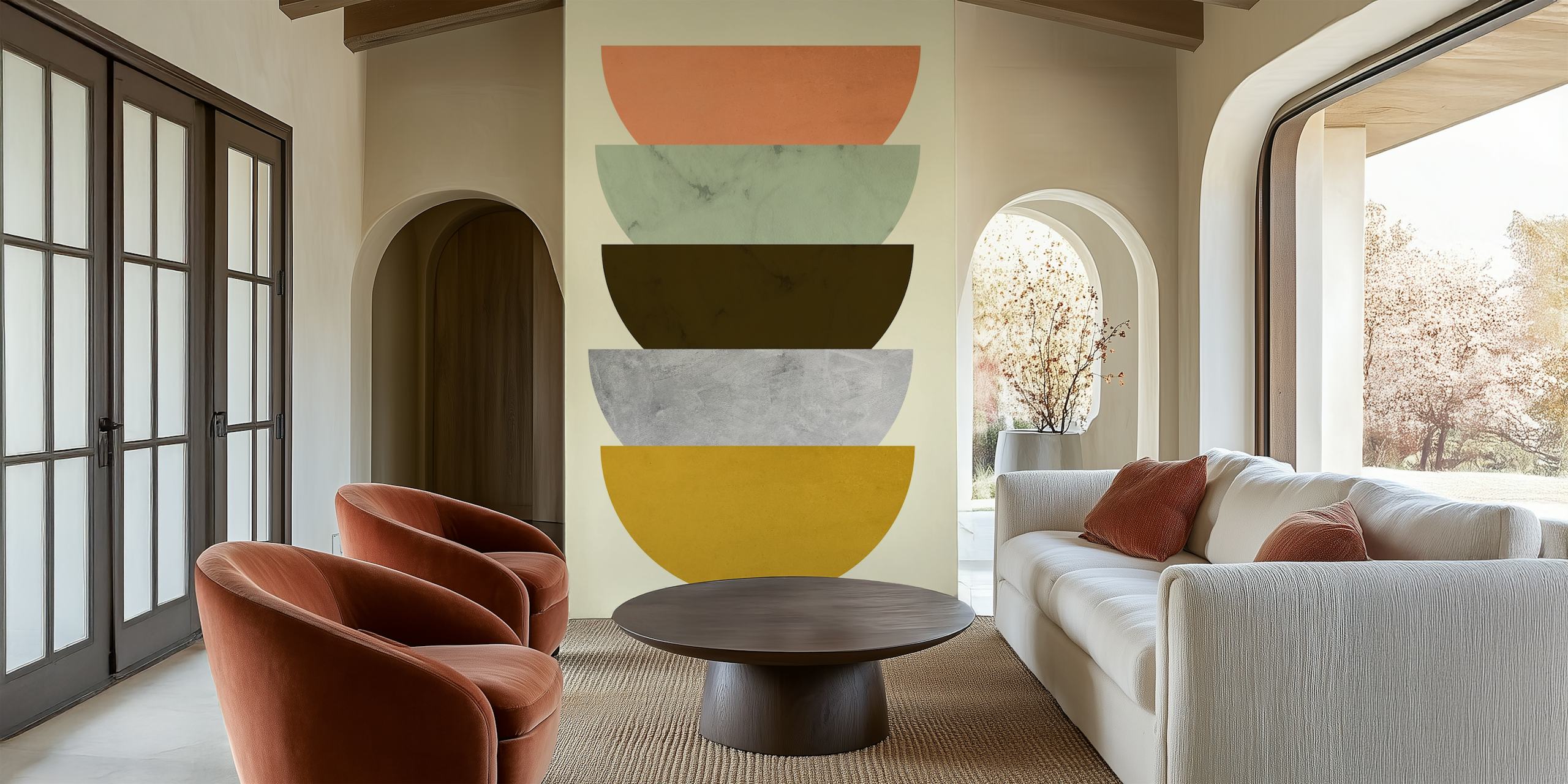 Geometric half-circle design in peach, green, brown, gray, and yellow wallpaper
