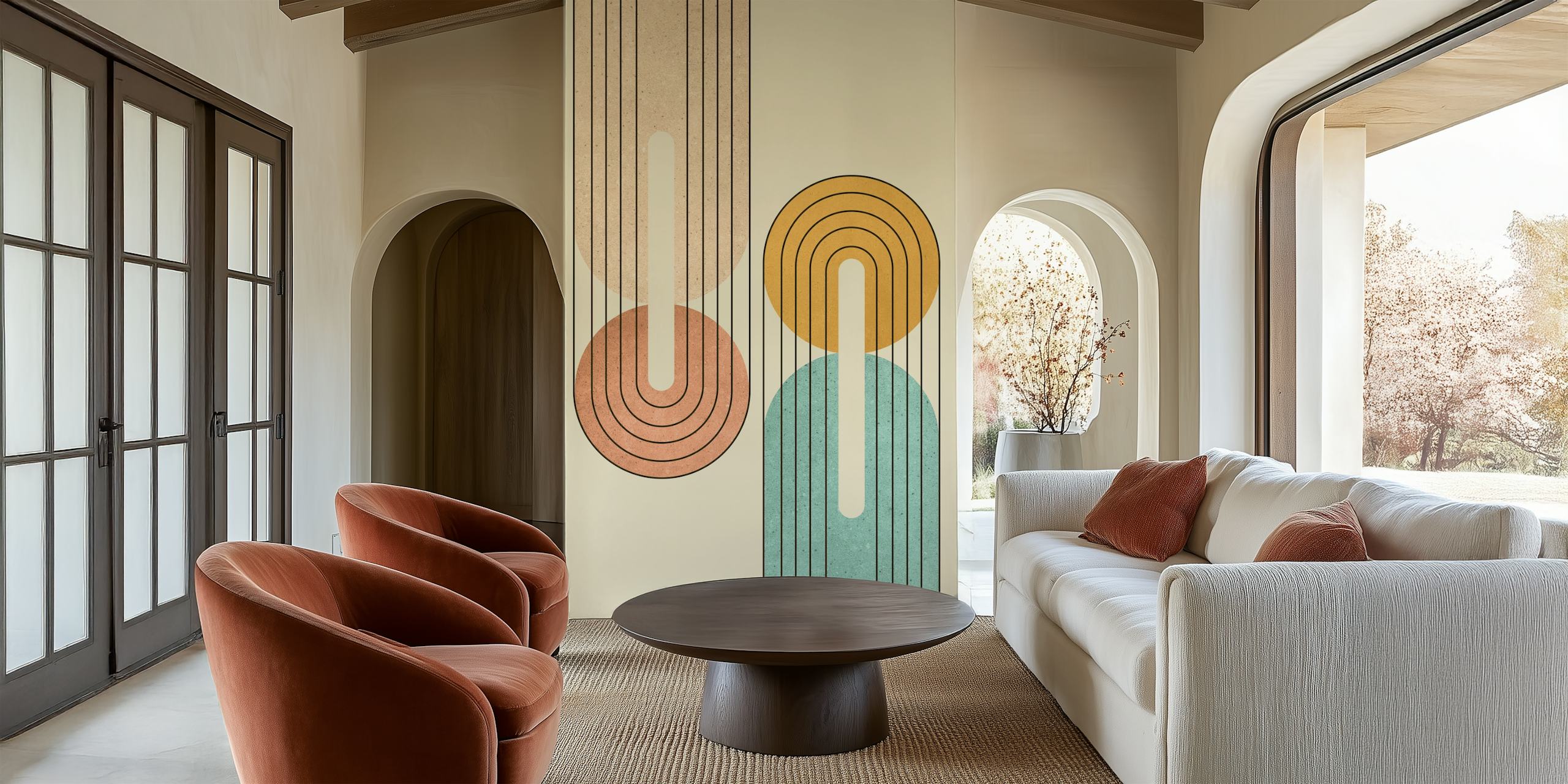 Pastel geometric shapes in pink, yellow, and blue wallpaper