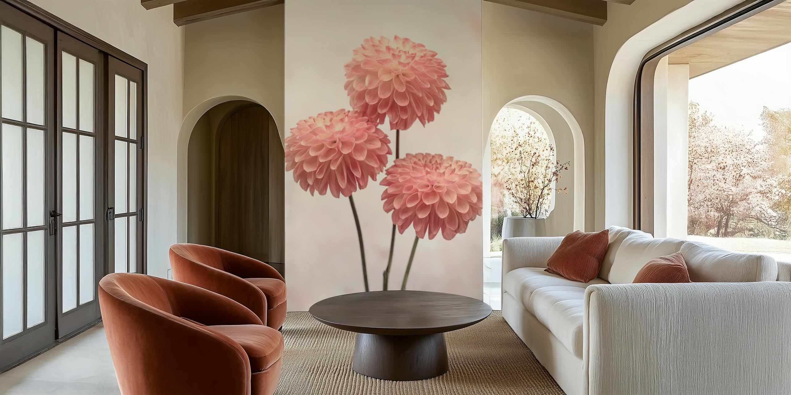 Pink floral wallpaper with large blooms and soft background