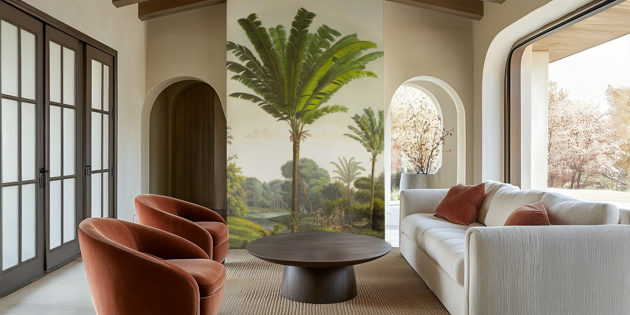 Zidna slika tropskog pejzaža u starinskom stilu s bujnim zelenilom i vintage umjetničkim štihom.