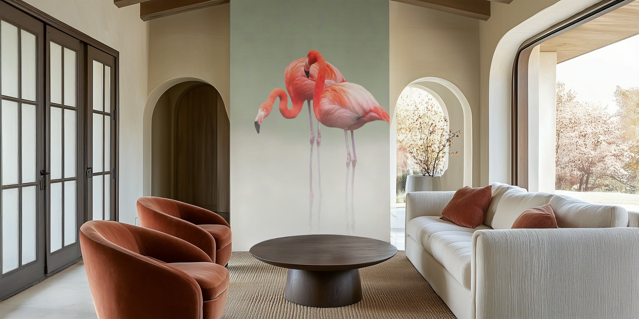 Two pink flamingos standing on a soft mist background, tropical wallpaper