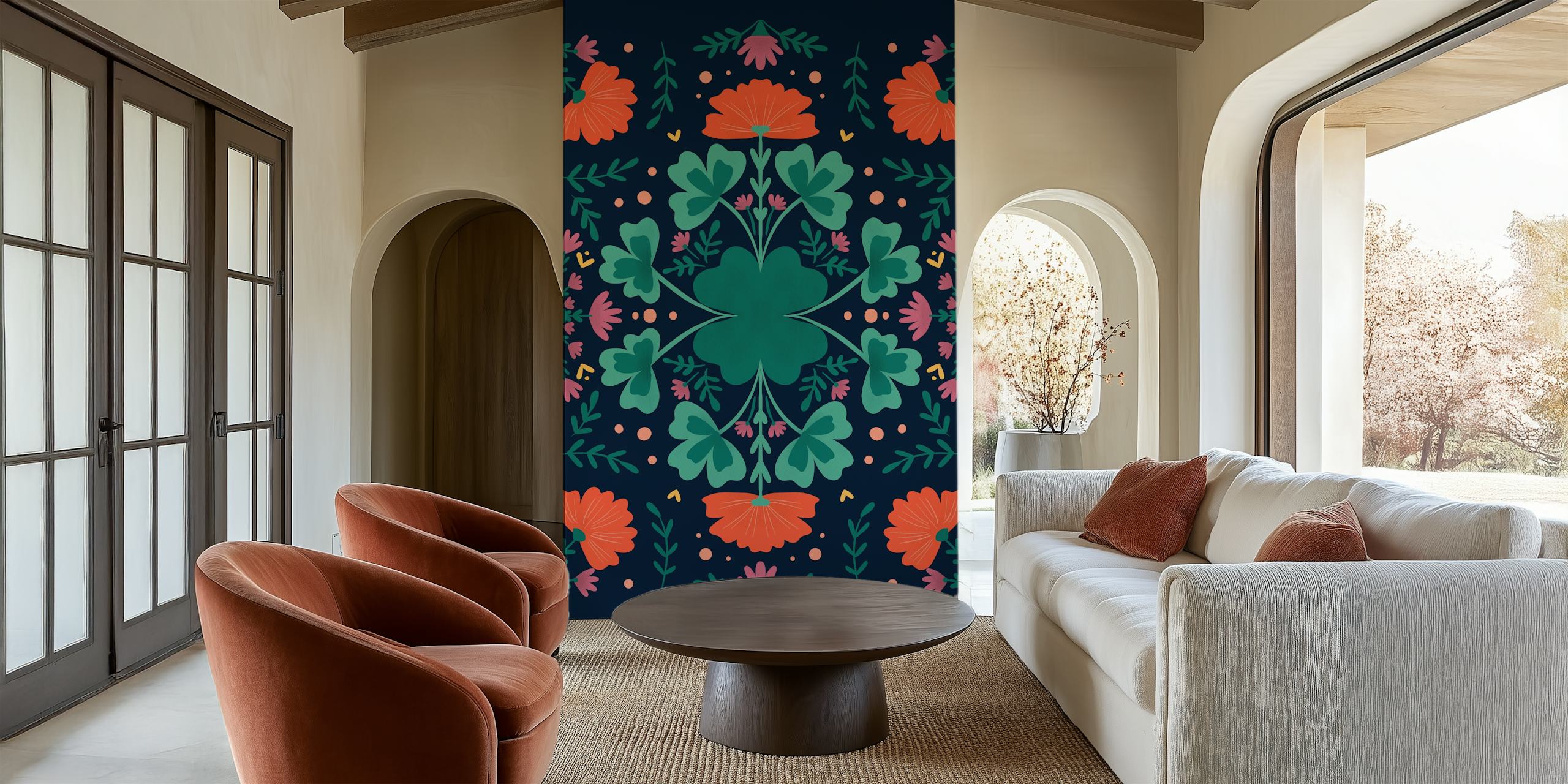 Flowers and clovers wallpaper in a room