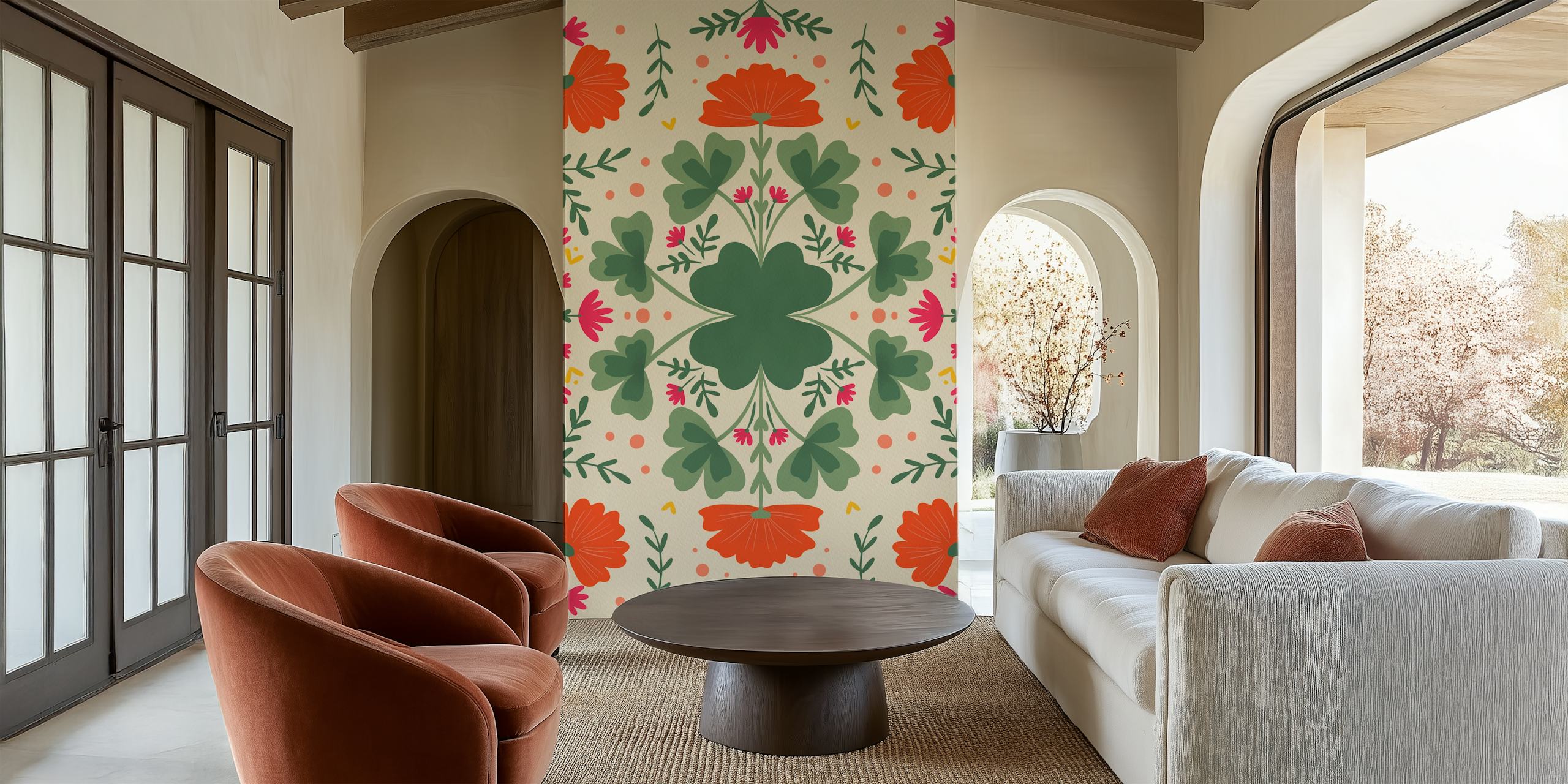 Flowers and clovers behang in een kamer