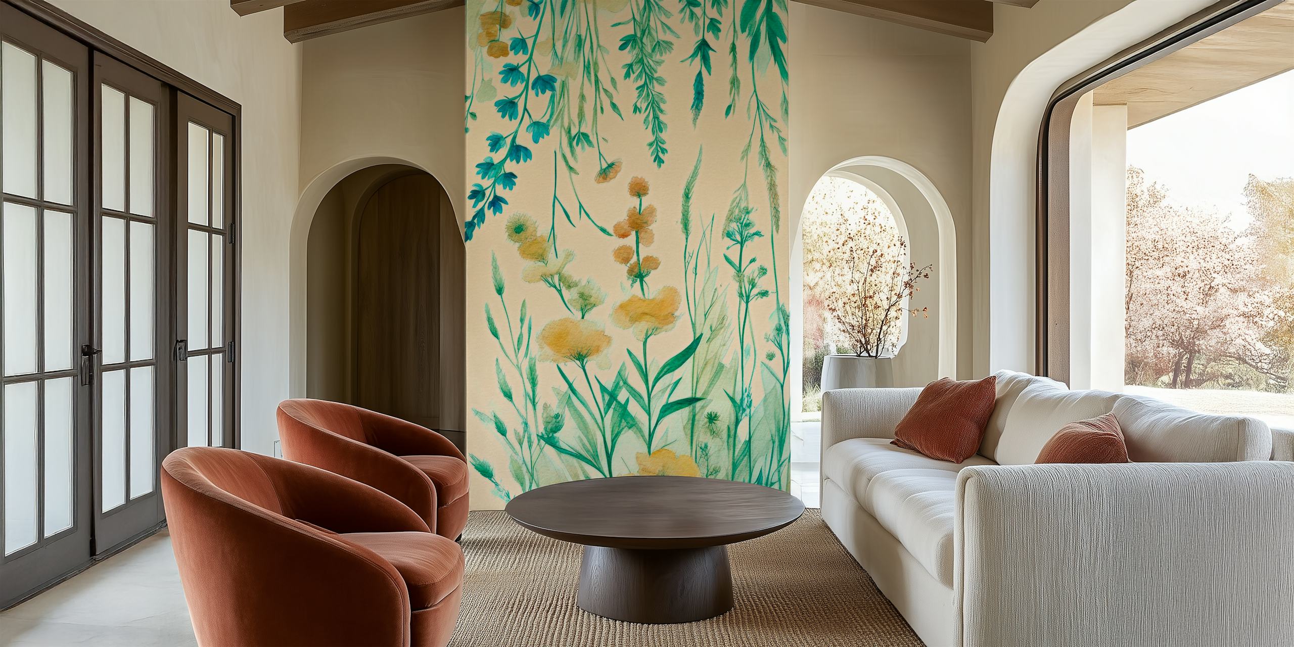 Floral green and yellow design with delicate herbs and flowers wallpaper