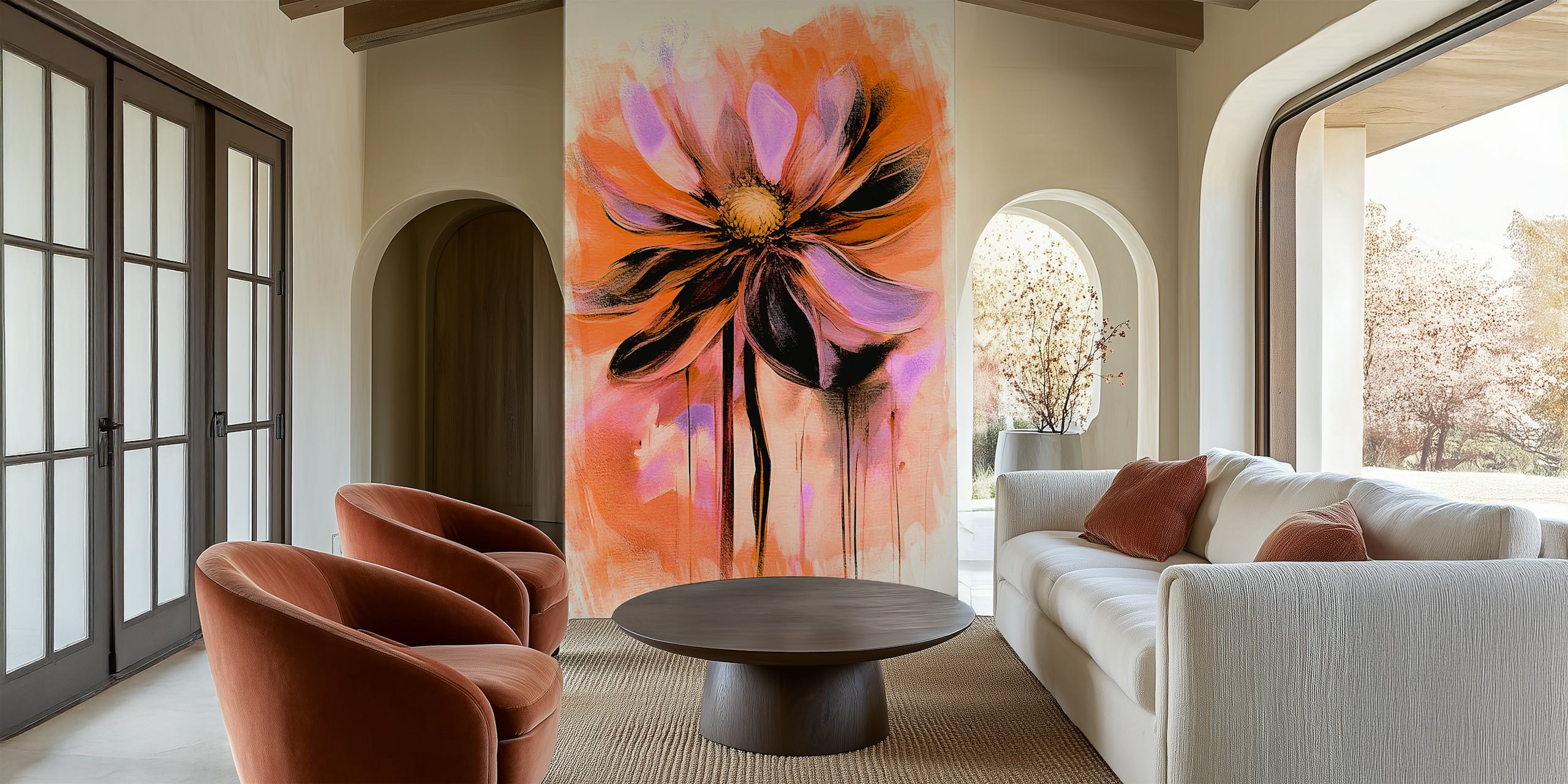 Orange og lilla blomstertapet i graffiti-stil