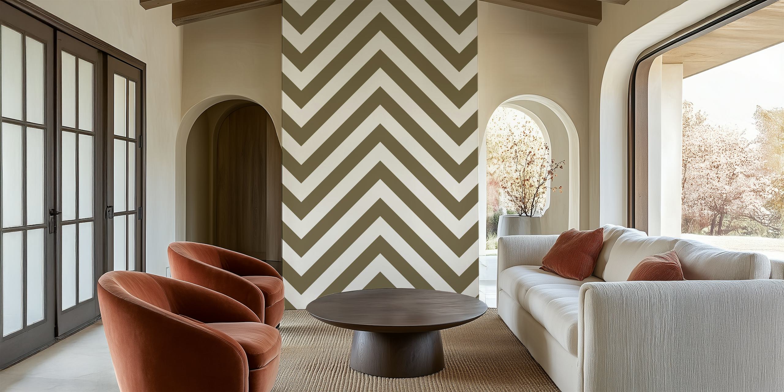 Tapeta Taupe Brown White Chevron pattern u sobi