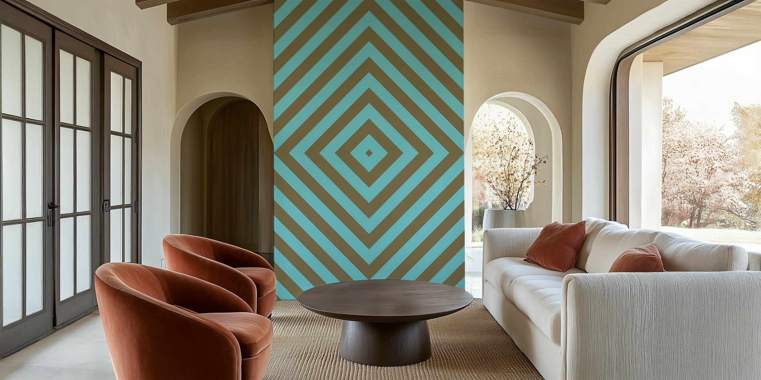 Square Illusion Geometric Stripes vægmaleri med blågrønne og brune nuancer