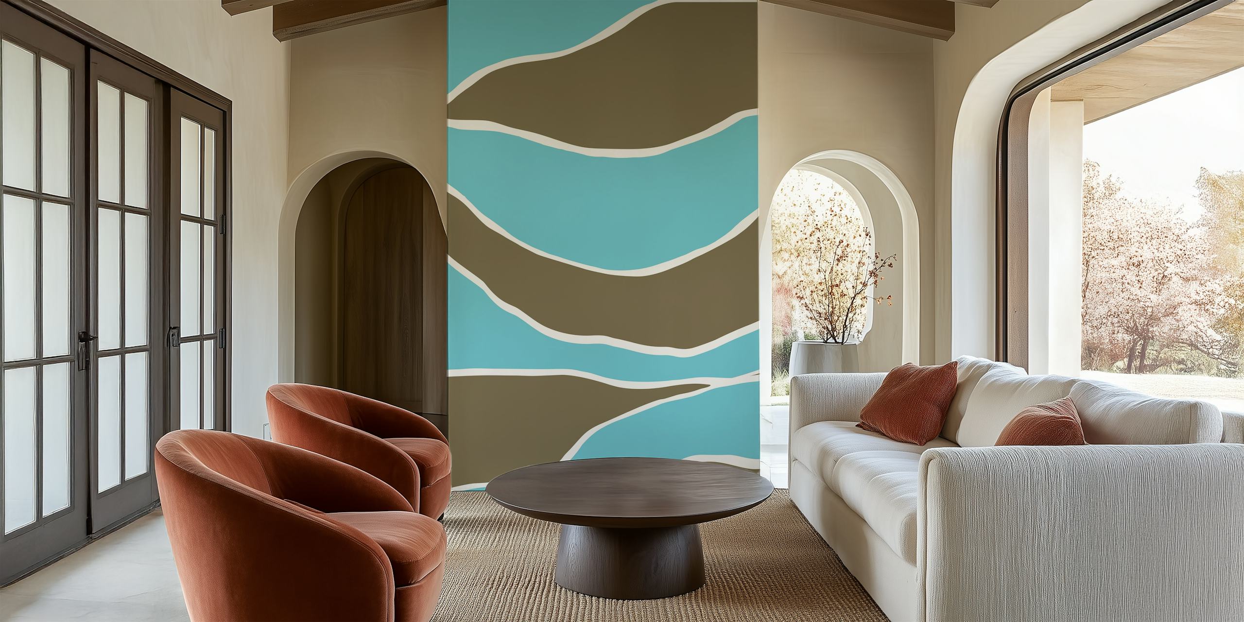 Abstract wavy pattern wallpaper in brown, teal and white.