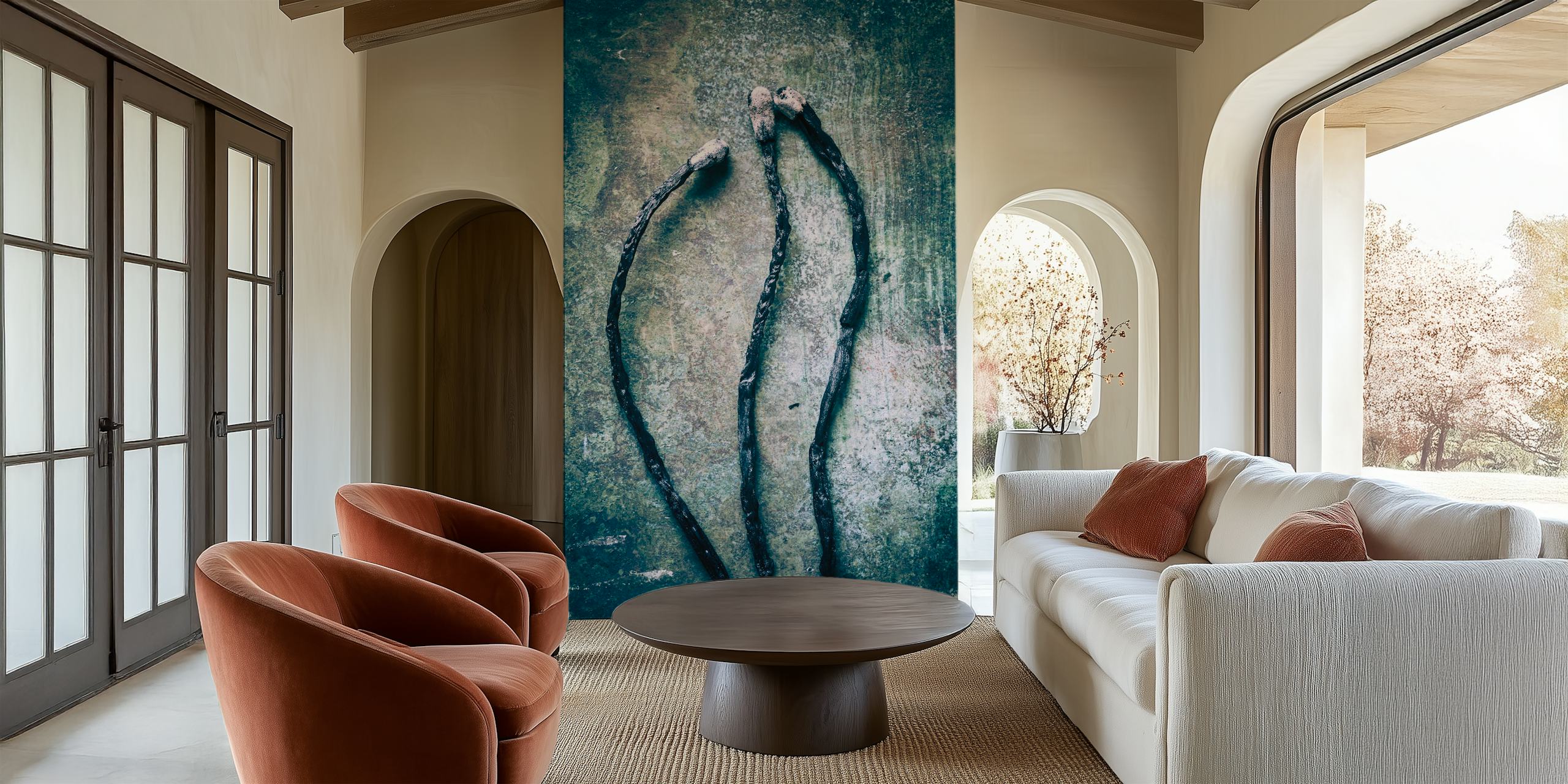 Burnt matches wallpaper displayed in a room